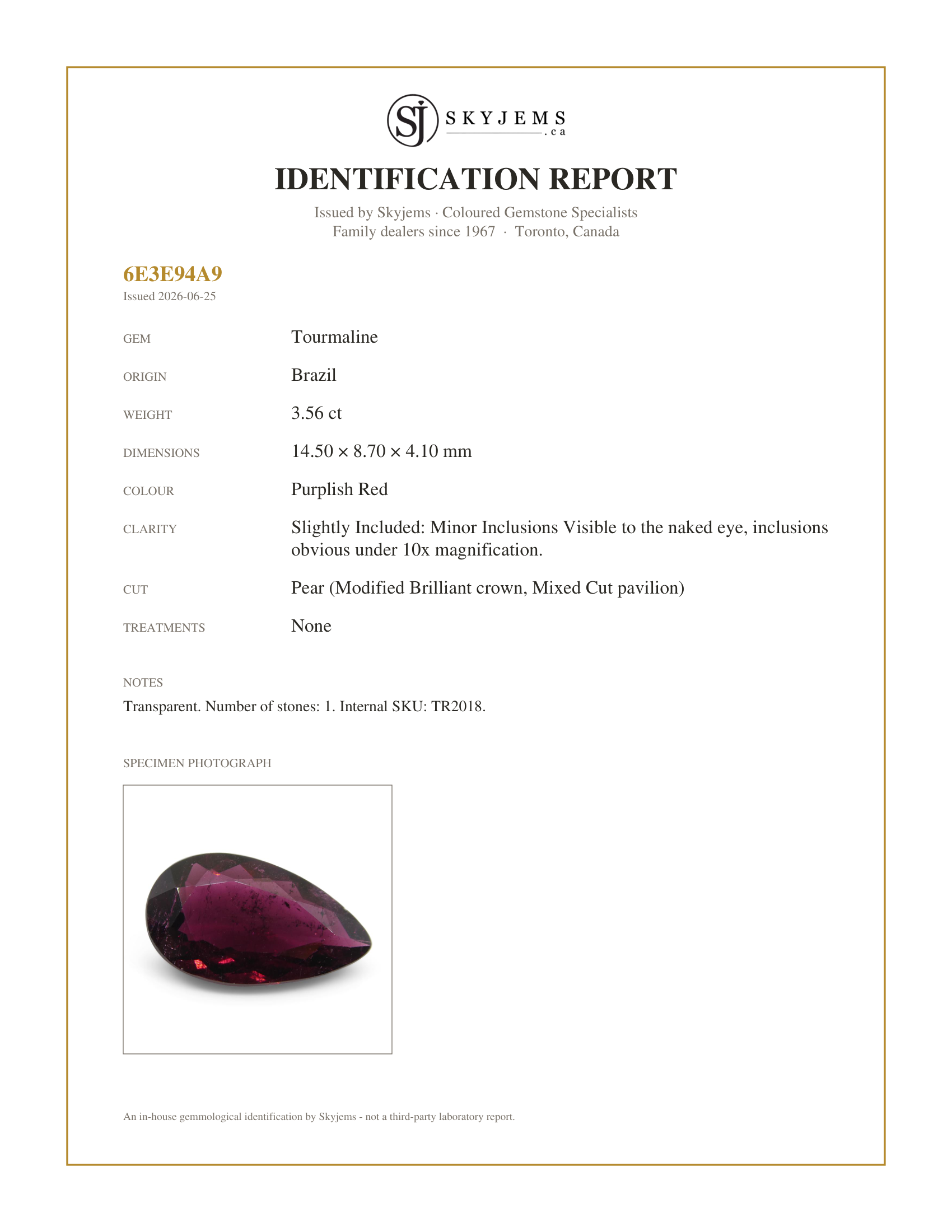 Skyjems Identification Report for TR2018 — 3.56ct Pear Purplish Red Rubelite Tourmaline