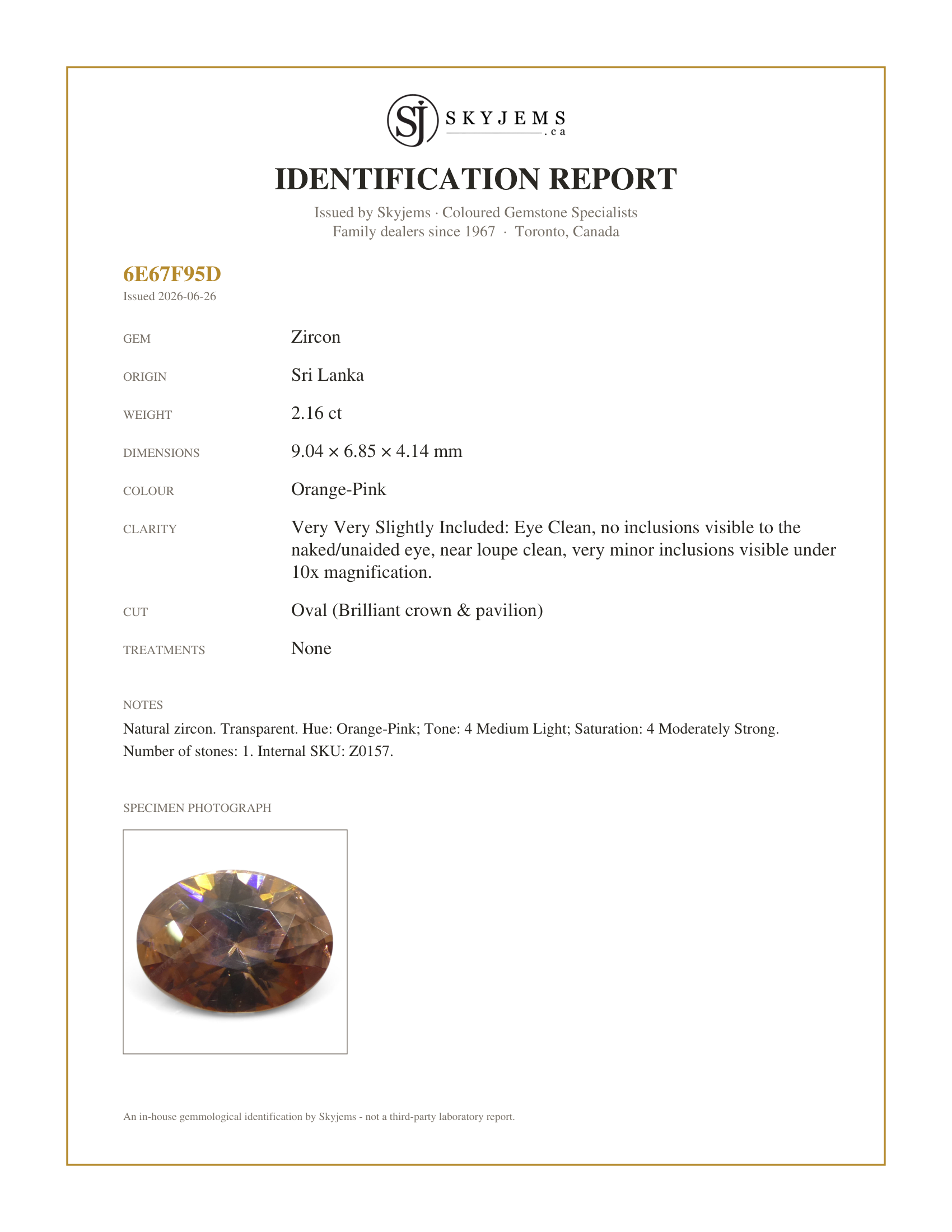 Skyjems Identification Report for Z0157 — 2.16ct Natural Earth Mined Oval Master Brilliant Cut Orange-Pink Zircon from Sri Lanka