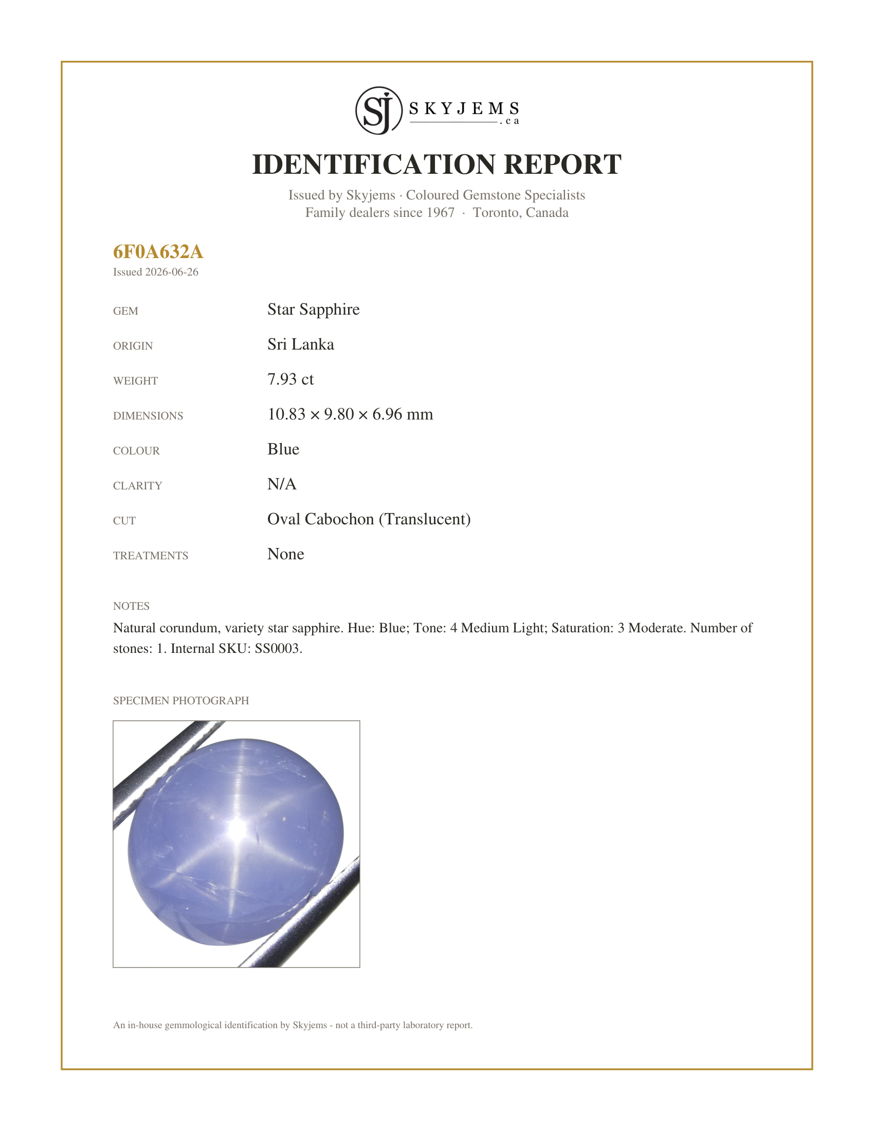 Skyjems Identification Report for SS0003 — 7.93ct Oval Cabochon Blue Star Sapphire from Sri Lanka Unheated