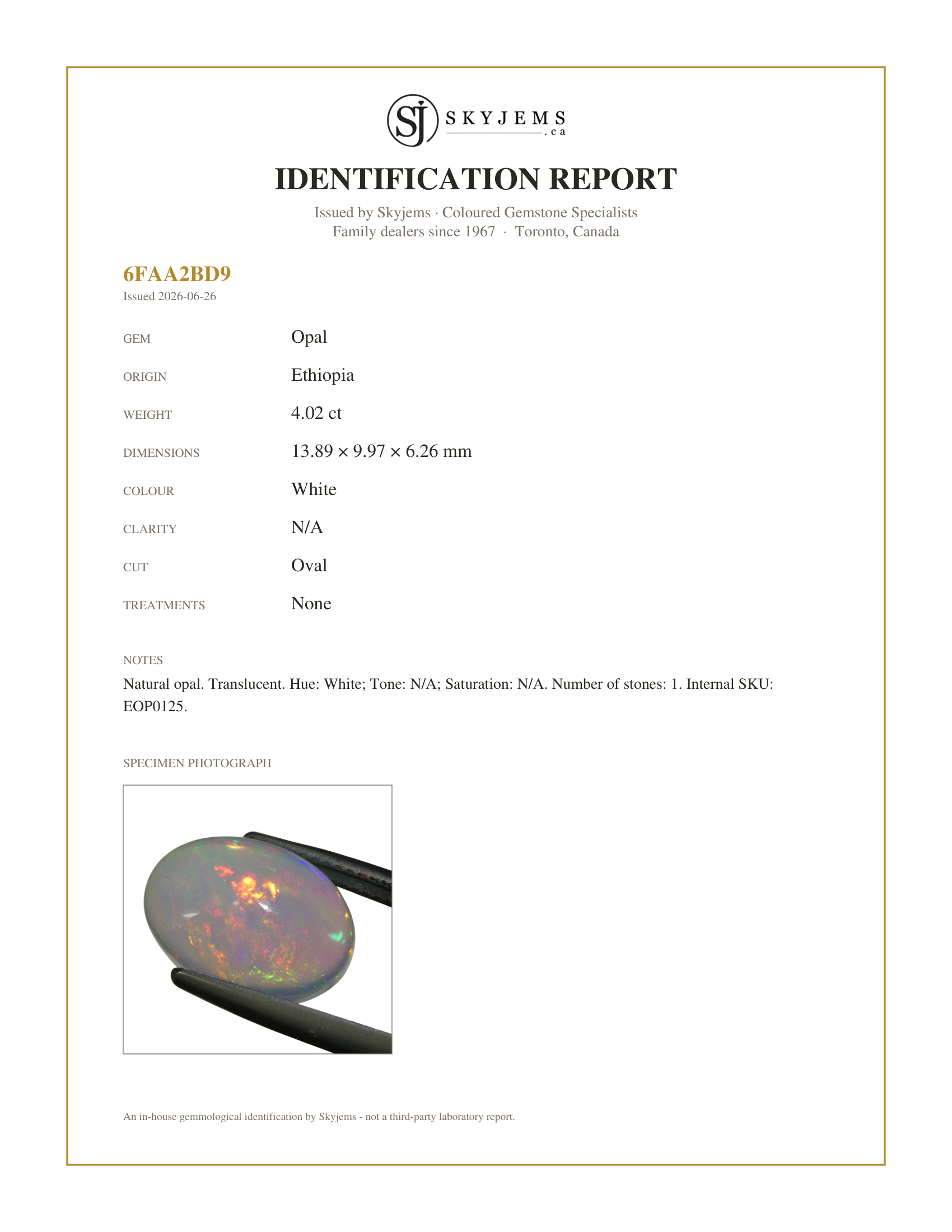 Skyjems Identification Report for EOP0125 — 4.02ct Oval Cabochon White Crystal Opal from Ethiopia