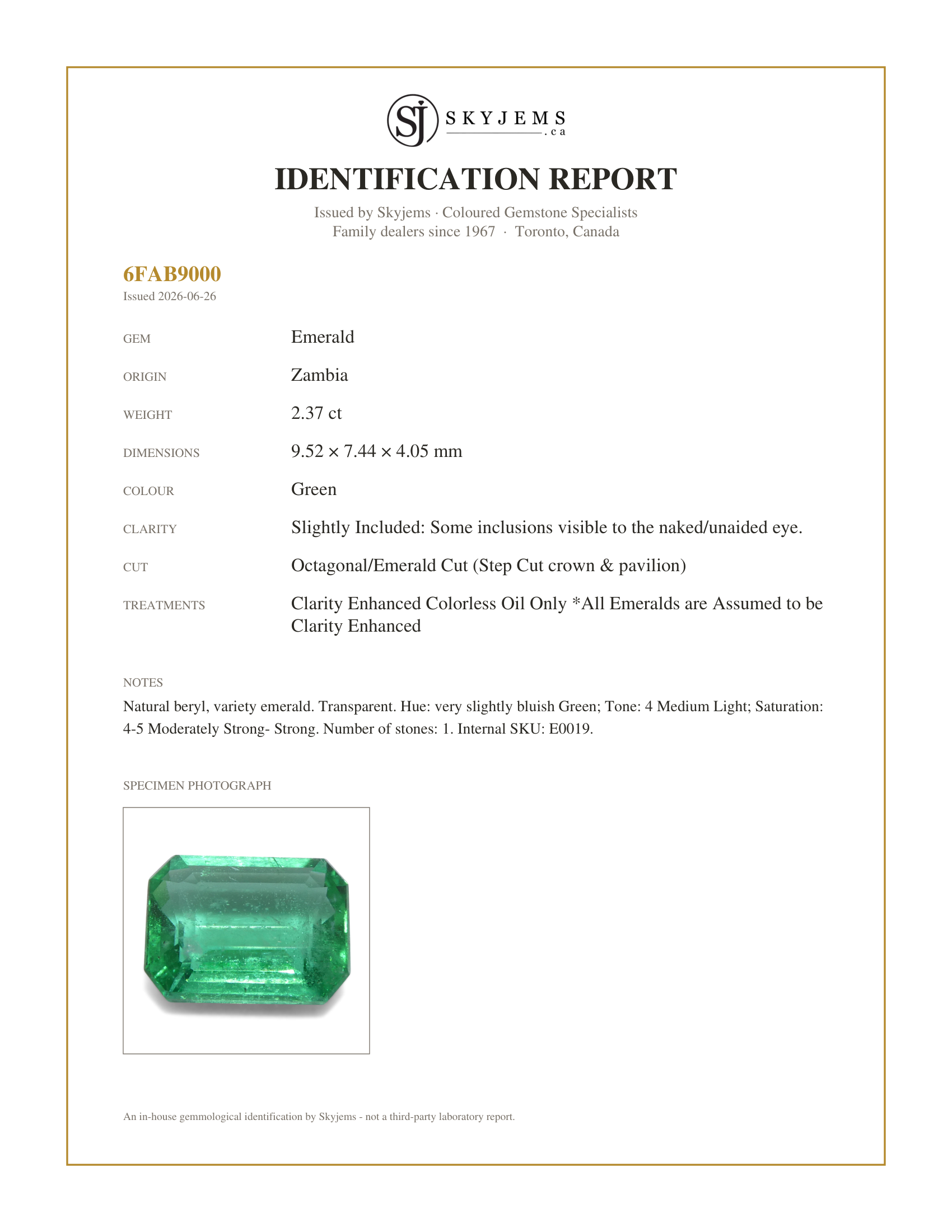 Skyjems Identification Report for E0019 — 2.37ct Octagonal/Emerald Cut Green Emerald from Zambia