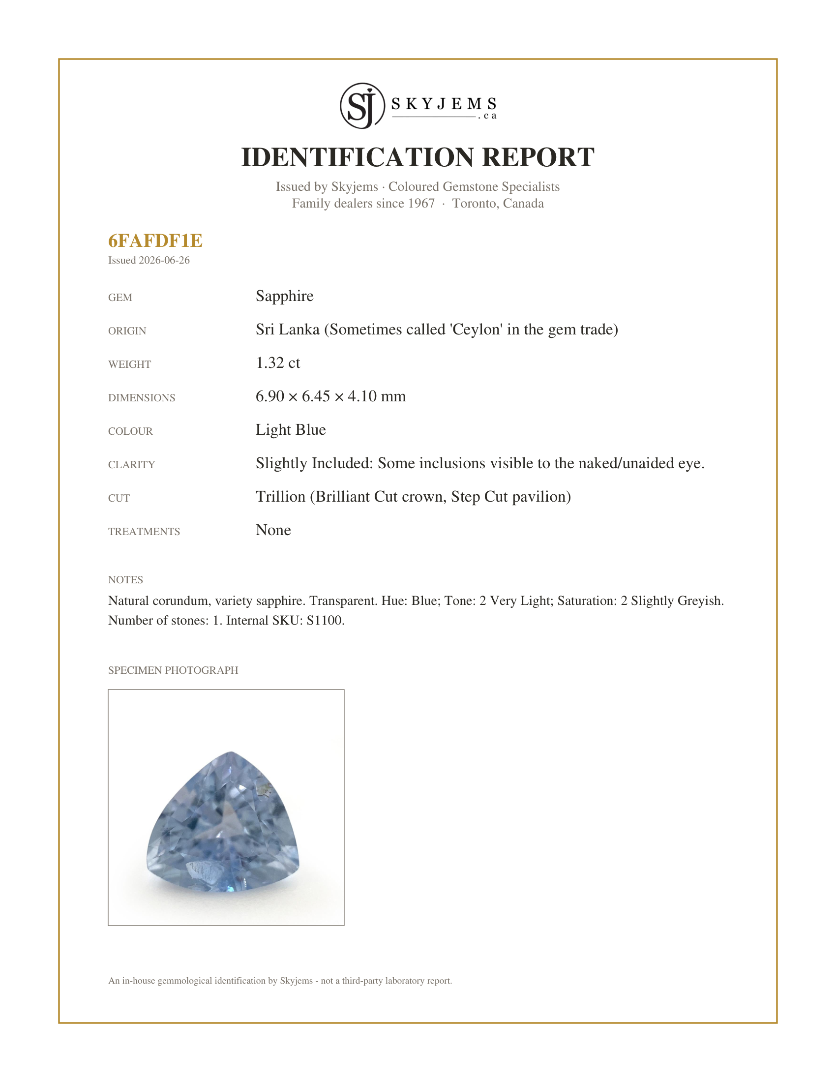 Skyjems Identification Report for S1100 — 1.32ct Trillion Icy Blue Sapphire from Sri Lanka Unheated