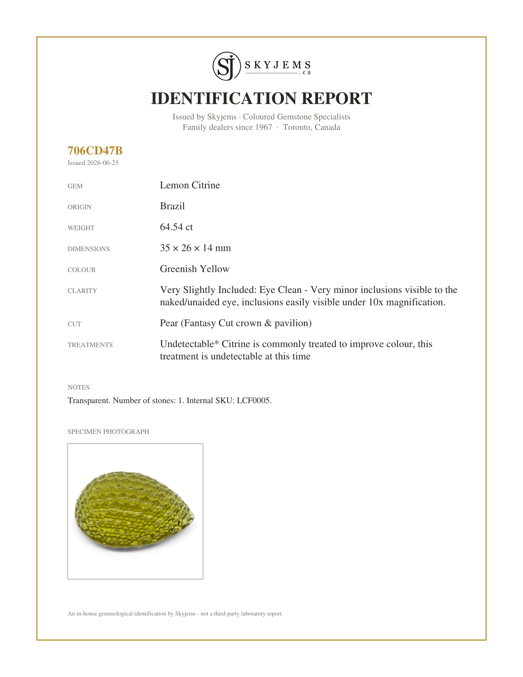 Skyjems Identification Report for LCF0005 — 64.54ct Pear Lemon Citrine Fantasy/Fancy Cut