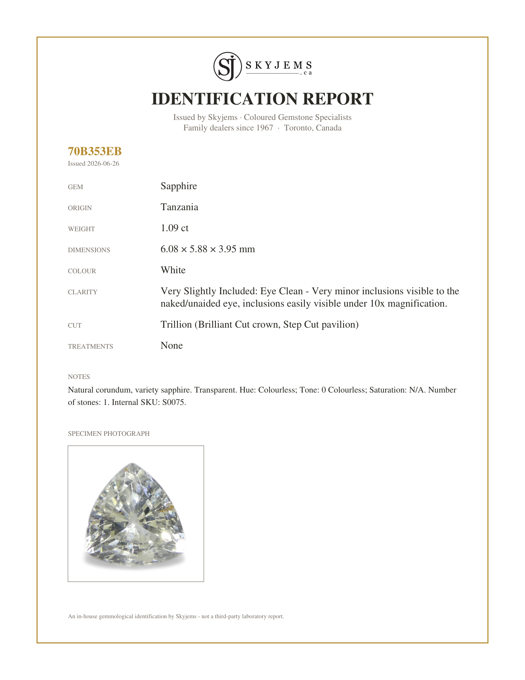 Skyjems Identification Report for S0075 — 1.09ct Trillion White Sapphire from Tanzania, Unheated