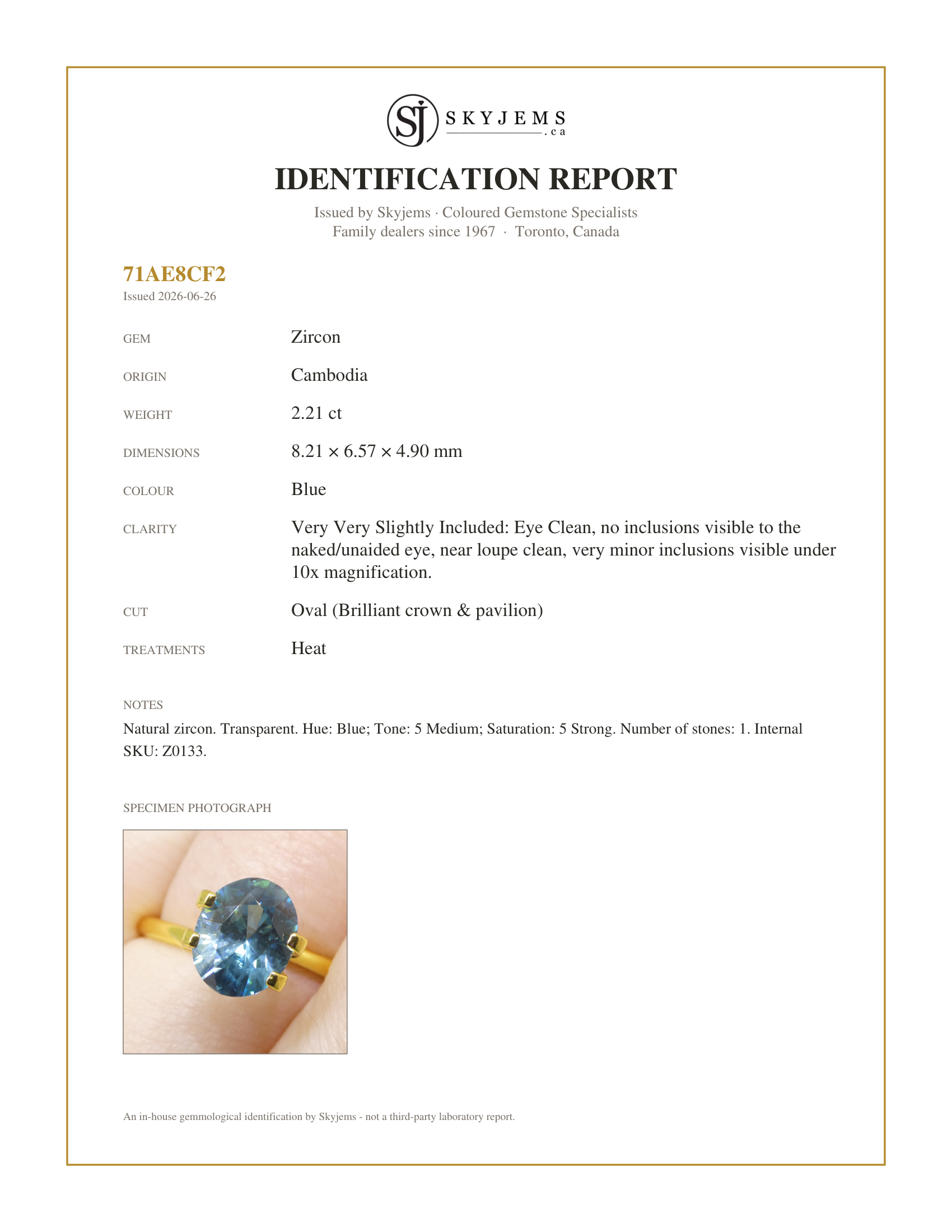 Skyjems Identification Report for Z0133 — 2.21ct Natural Earth Mined Oval Master Brilliant Cut Blue Zircon from Cambodia