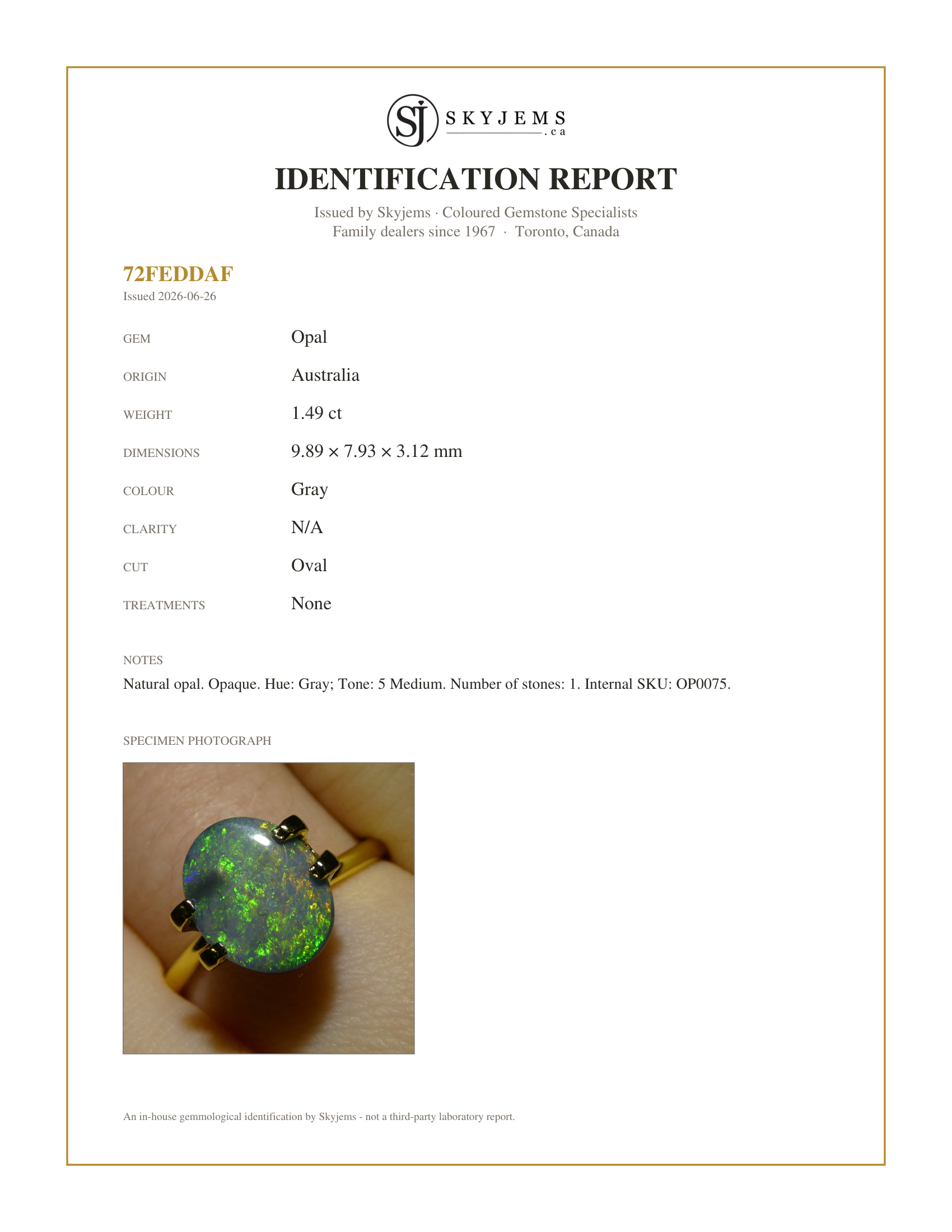 Skyjems Identification Report for OP0075 — 1.49ct Oval Cabochon Gray Opal from Australia