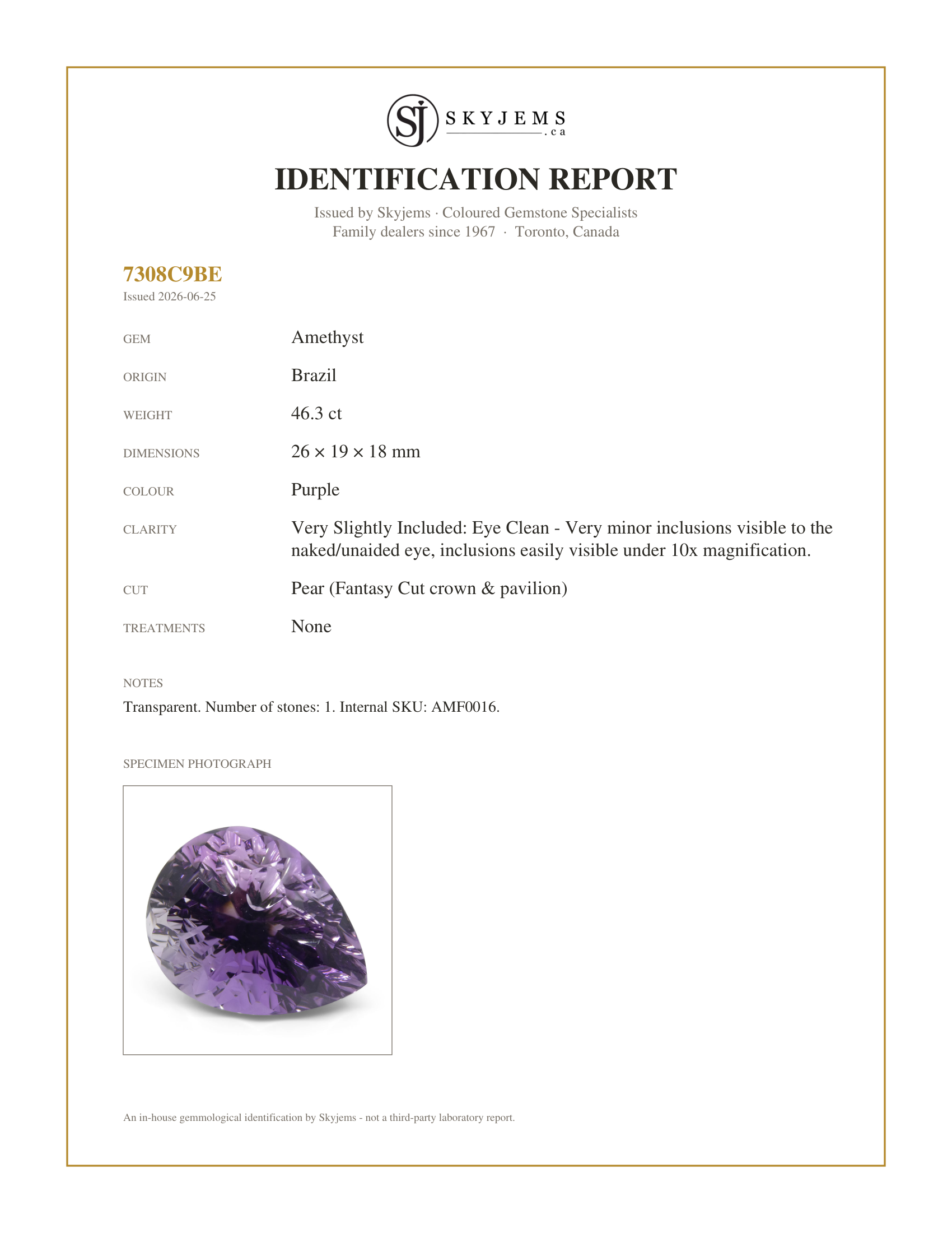 Skyjems Identification Report for AMF0016 — 46.30ct Pear Amethyst Fantasy/Fancy Cut