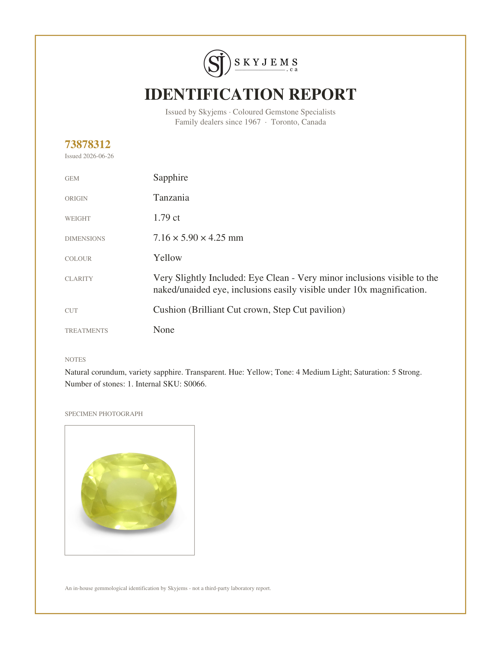 Skyjems Identification Report for S0066 — 1.79ct Cushion Yellow Sapphire from Tanzania, Unheated