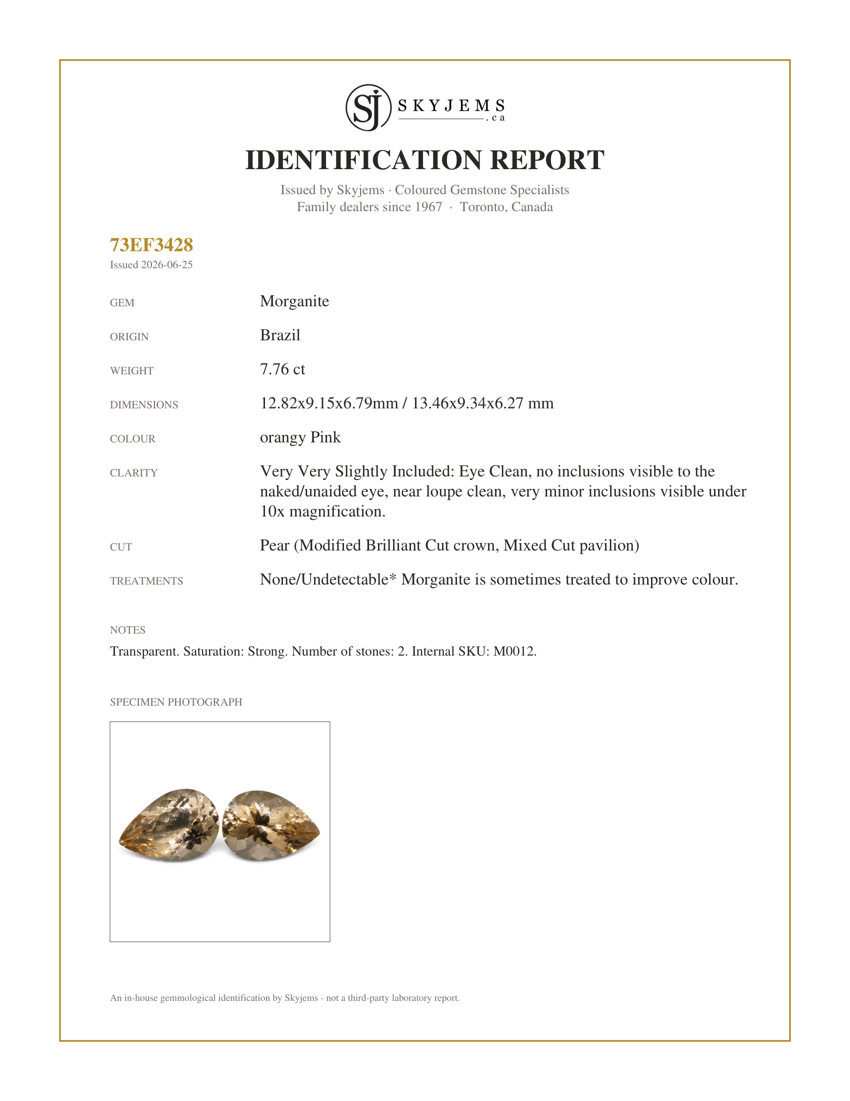 Skyjems Identification Report for M0012 — 7.76 ct Pear Morganite Pair