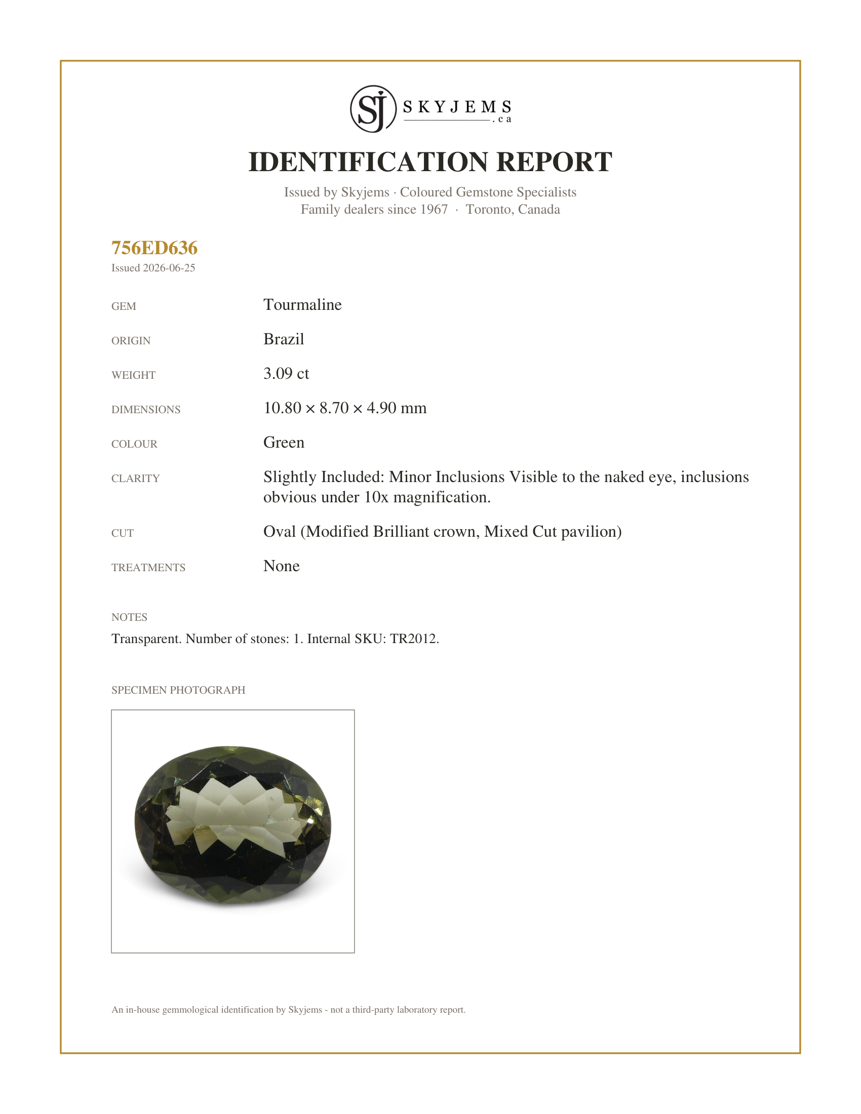 Skyjems Identification Report for TR2012 — 3.09ct Oval Olive Green Tourmaline