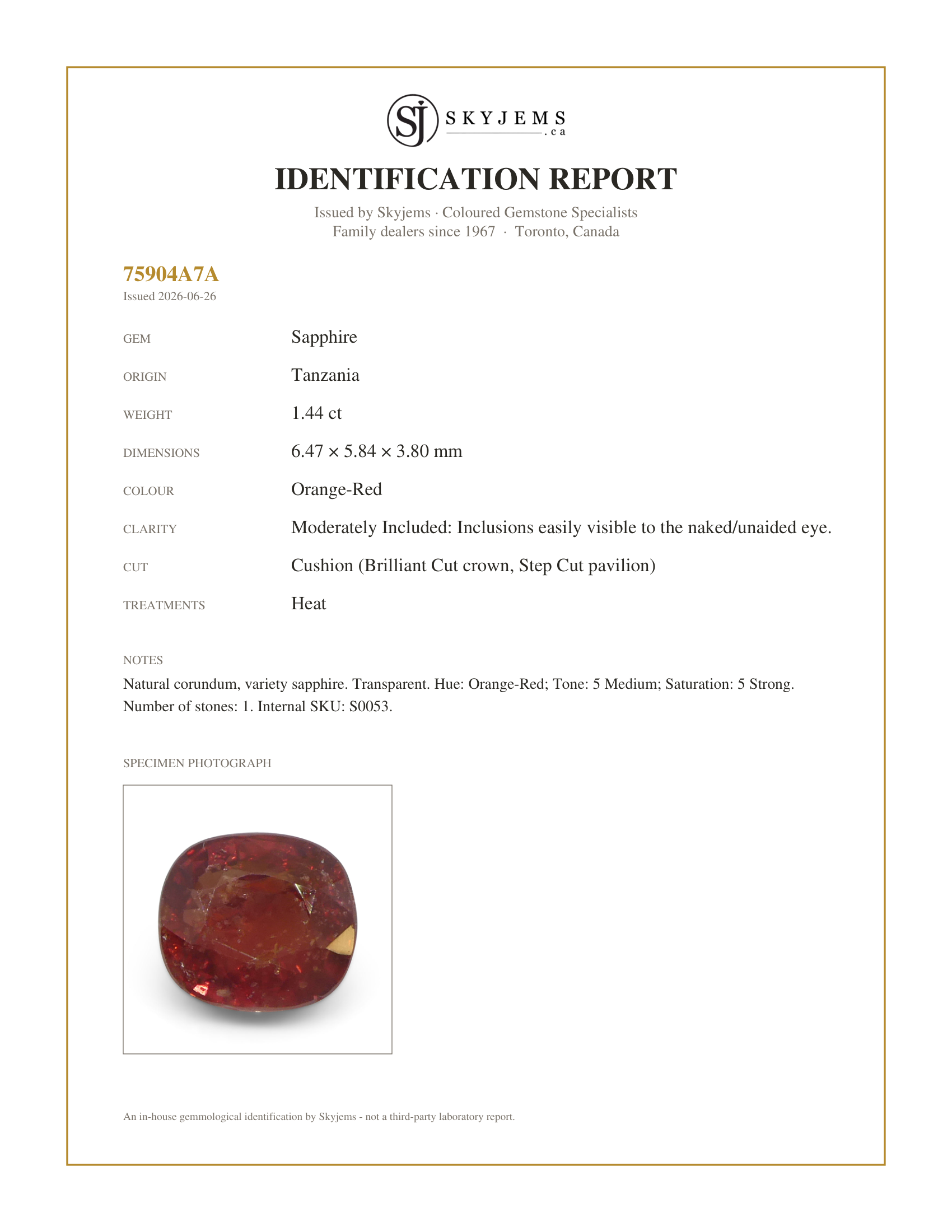 Skyjems Identification Report for S0053 — 1.44ct Cushion Orange-Red Sapphire from Tanzania