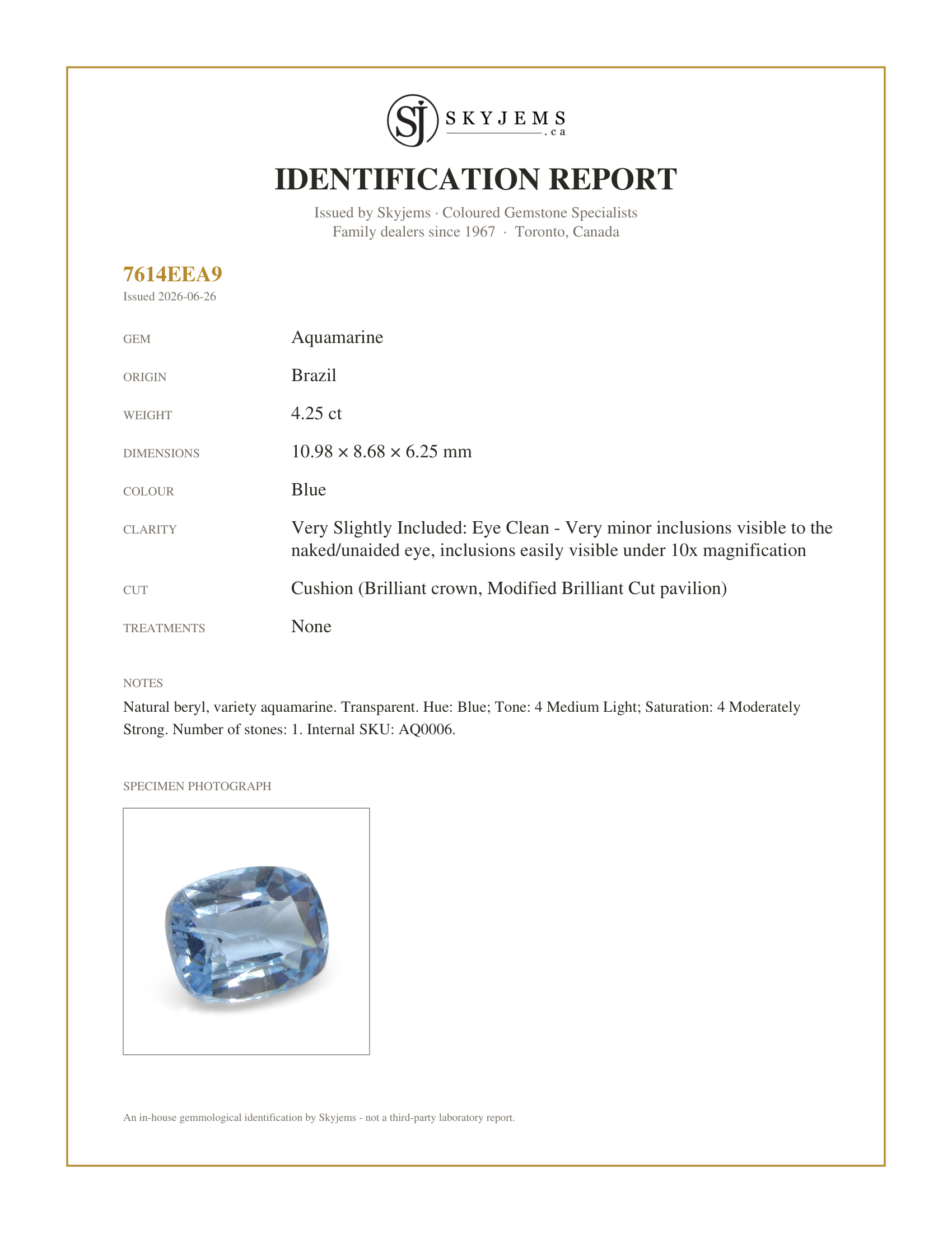 Skyjems Identification Report for AQ0006 — 4.25ct Cushion Blue Aquamarine from Brazil