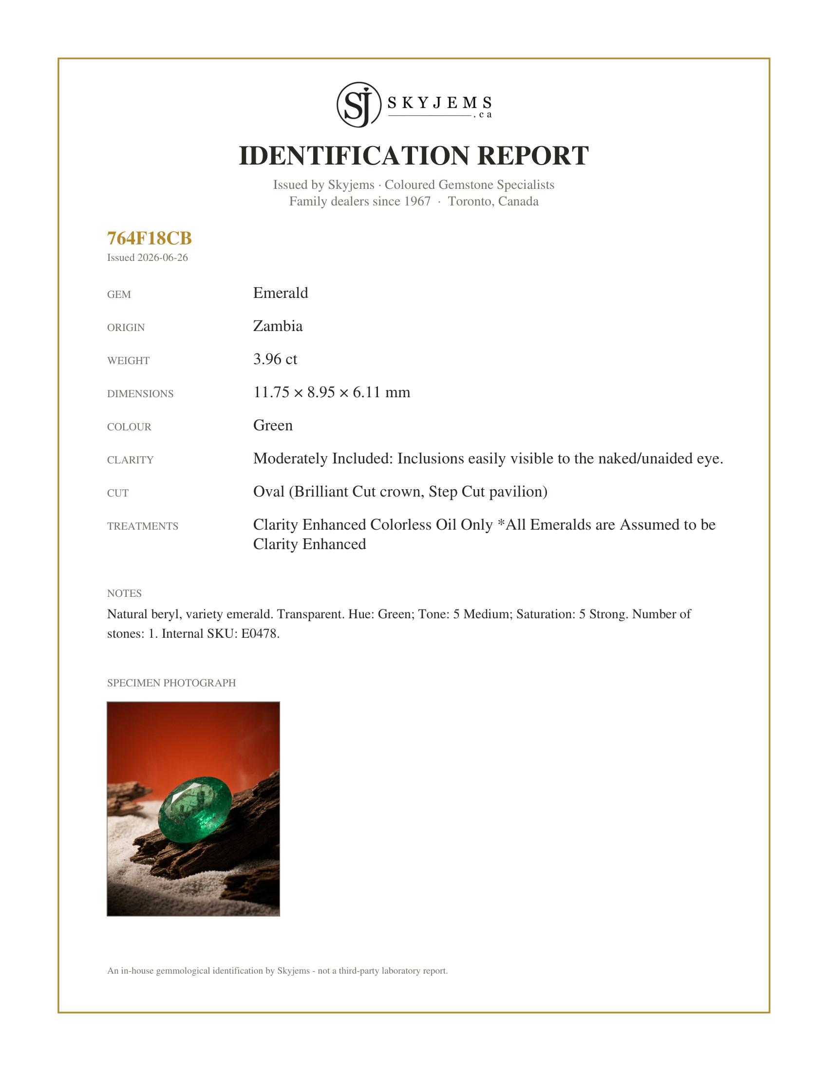 Skyjems Identification Report for E0478 — 3.96ct Oval Green Emerald from Zambia