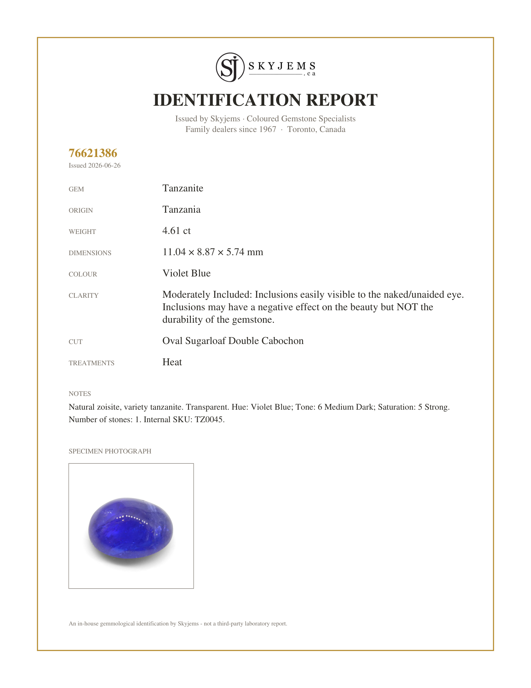 Skyjems Identification Report for TZ0045 — 4.61ct Oval Cabochon Violet Blue Tanzanite from Tanzania