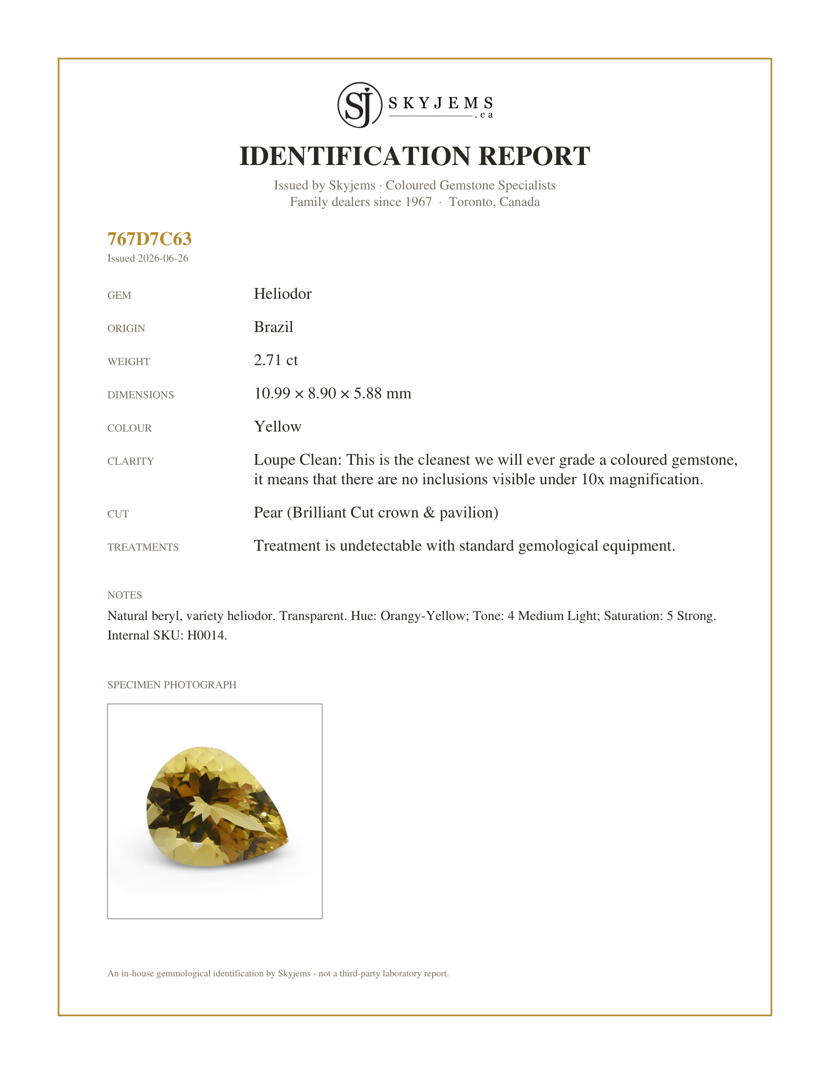 Skyjems Identification Report for H0014 — 2.71ct Pear Heliodor, Golden Yellow Beryl