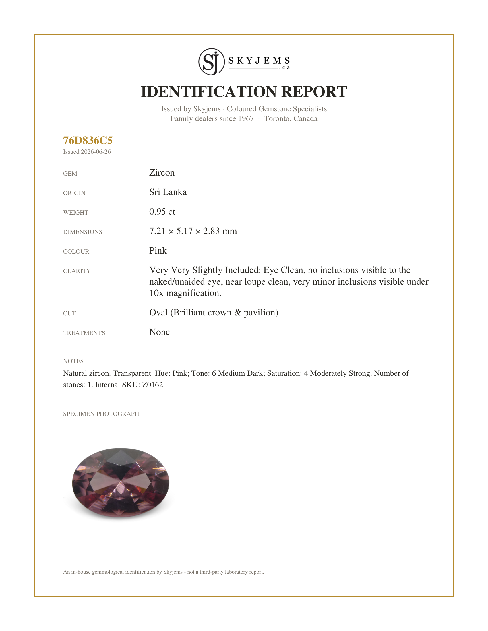Skyjems Identification Report for Z0162 — 0.95ct Natural Earth Mined Oval Master Brilliant Cut Pink Zircon from Sri Lanka