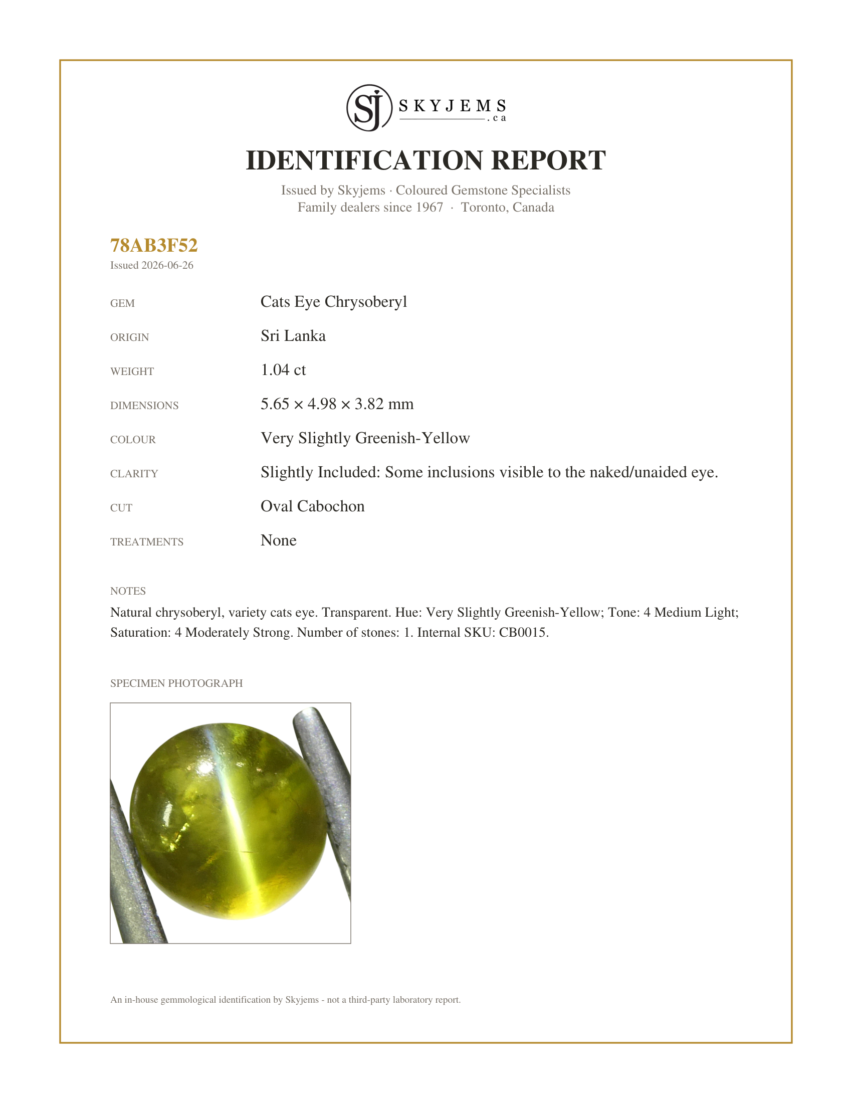 Skyjems Identification Report for CB0015 — 1.04ct Oval Cabochon Greenish-Yellow Cats Eye Chrysoberyl