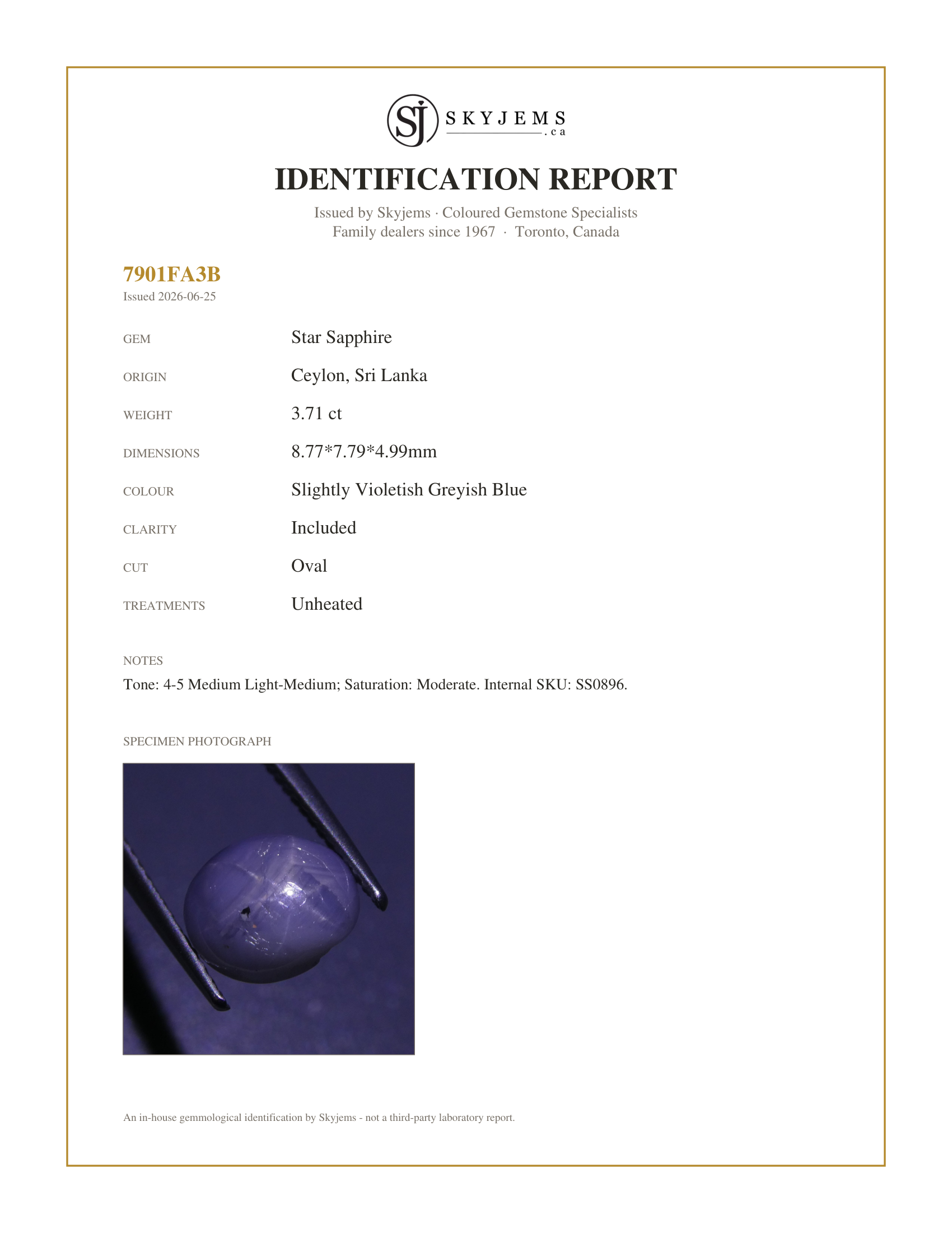 Skyjems Identification Report for SS0896 — 3.71 ct Unheated Blue Ceylon Star Sapphire