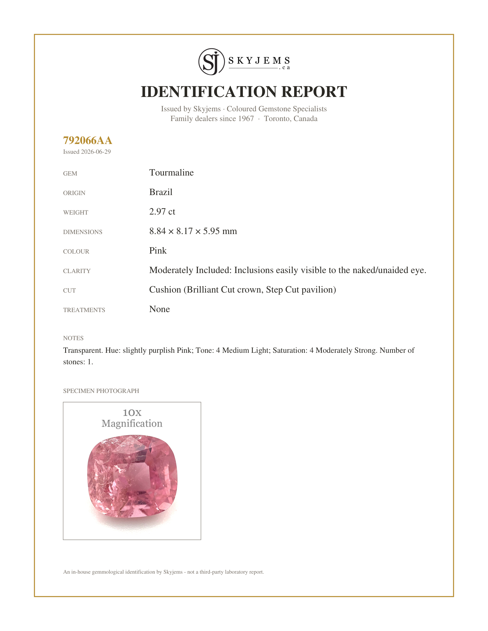 Skyjems Identification Report for TR0102 — 2.97ct Cushion purplish Pink Tourmaline
