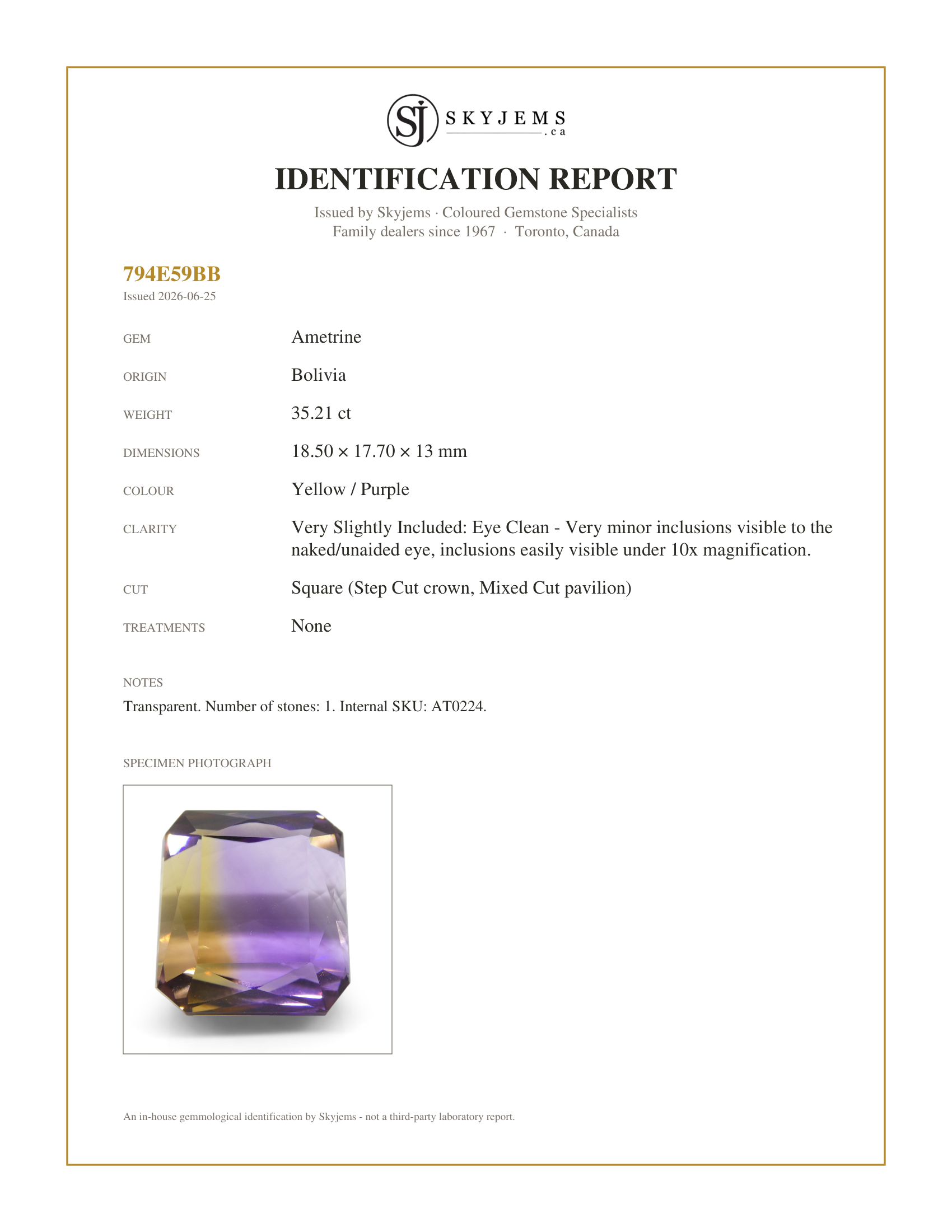 Skyjems Identification Report for AT0224 — 35.21 ct Square Ametrine, 100% Natural Very Rare Single Source Gem from Bolivia