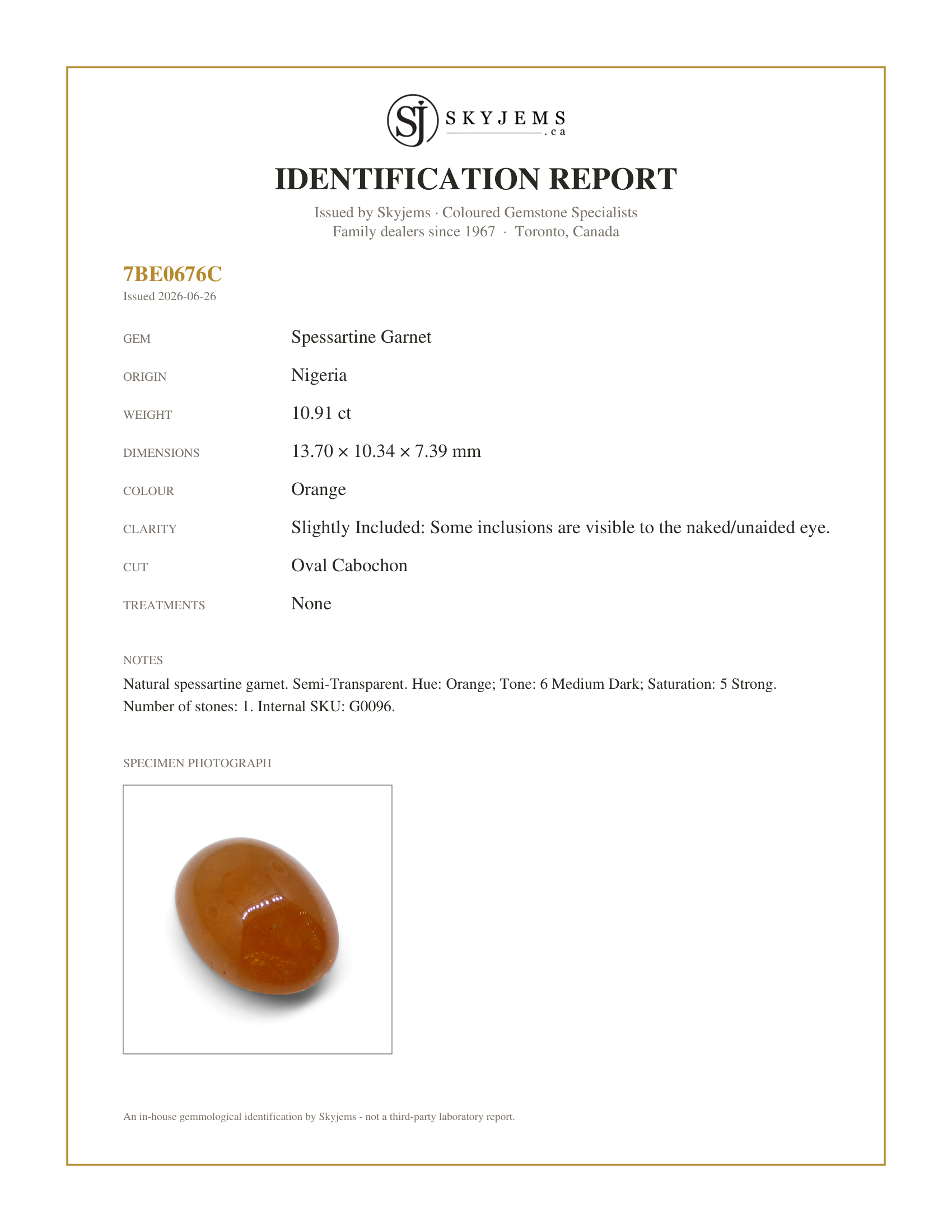 Skyjems Identification Report for G0096 — 10.91ct Oval Cabochon Orange Mandarin Spessartine Garnet from Nigeria