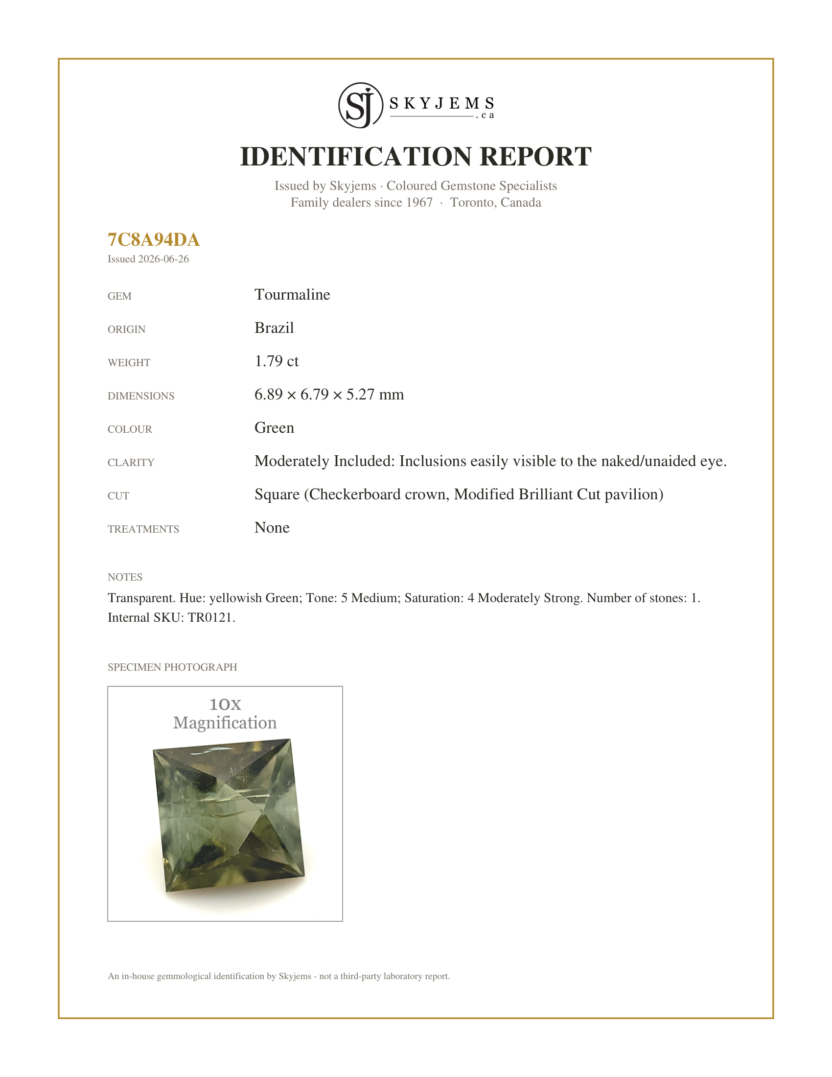 Skyjems Identification Report for TR0121 — 1.79ct Square Green Tourmaline