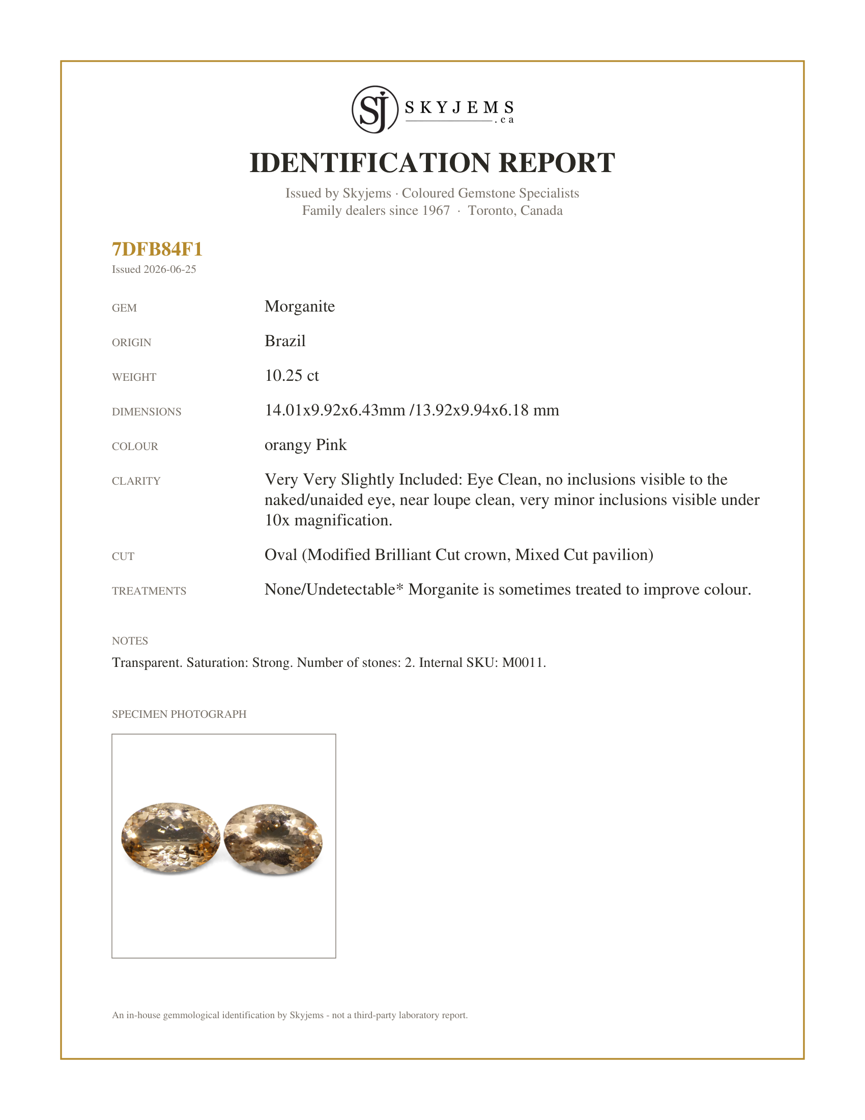 Skyjems Identification Report for M0011 — 10.25 ct Oval Morganite Pair