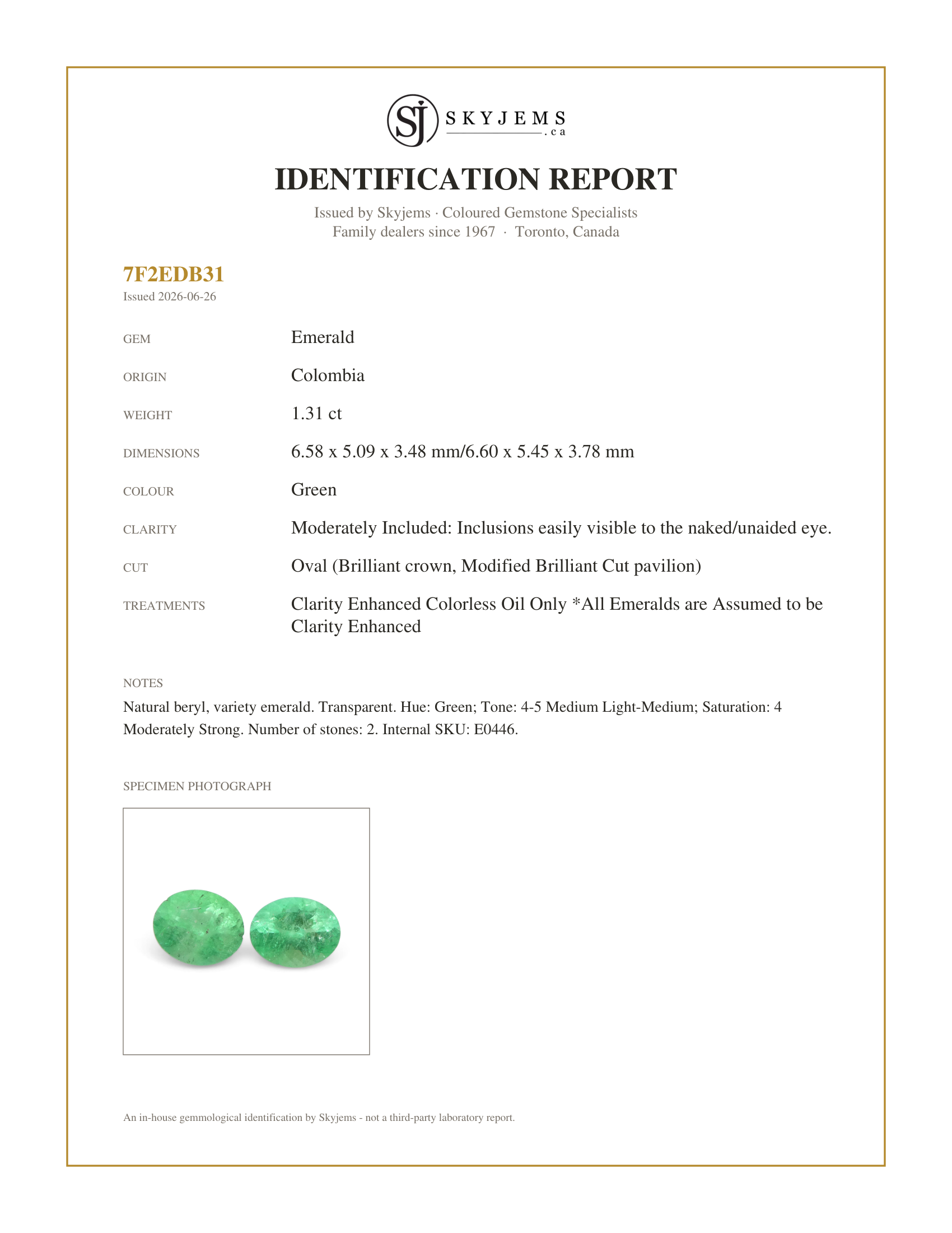 Skyjems Identification Report for E0446 — 1.31ct Pair Oval Green Emerald from Colombia