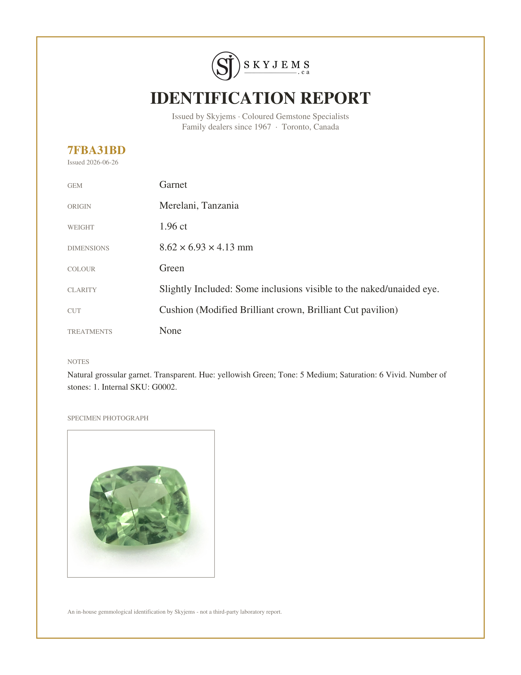 Skyjems Identification Report for G0002 — 1.96ct Cushion Vivid Green Merelani Mint Tsavorite Garnet from Tanzania