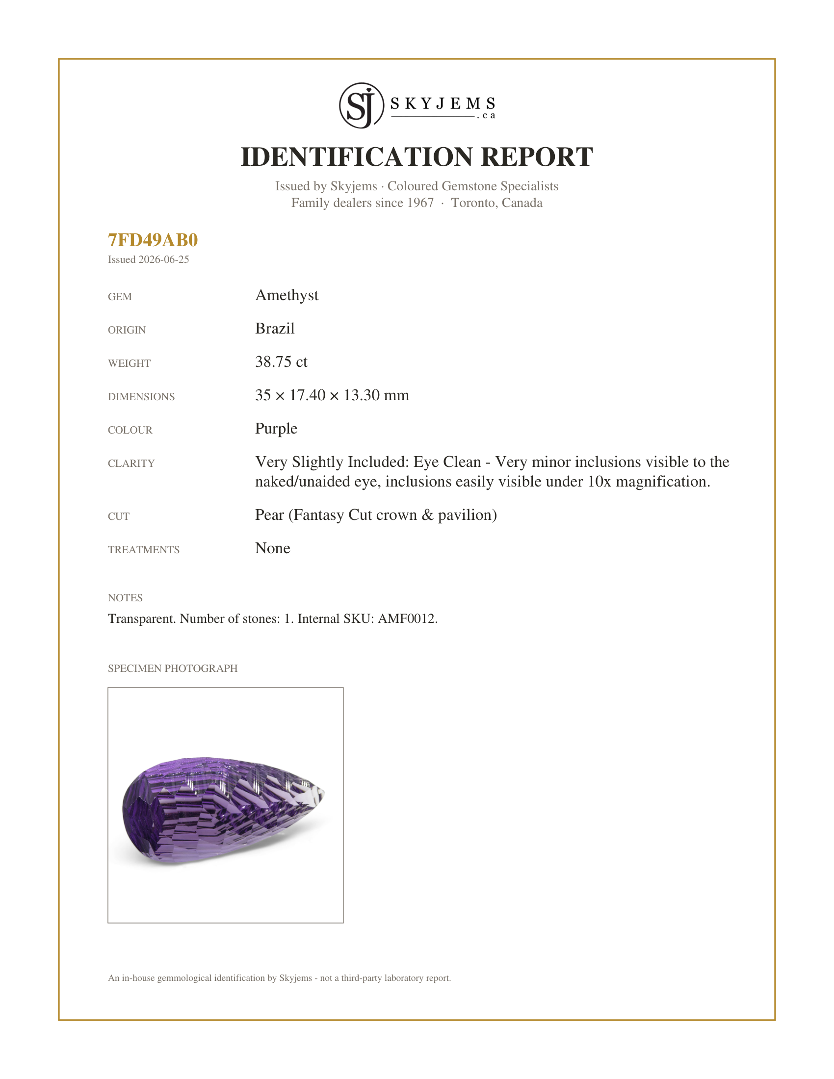 Skyjems Identification Report for AMF0012 — 38.75ct Pear Amethyst Fantasy/Fancy Cut