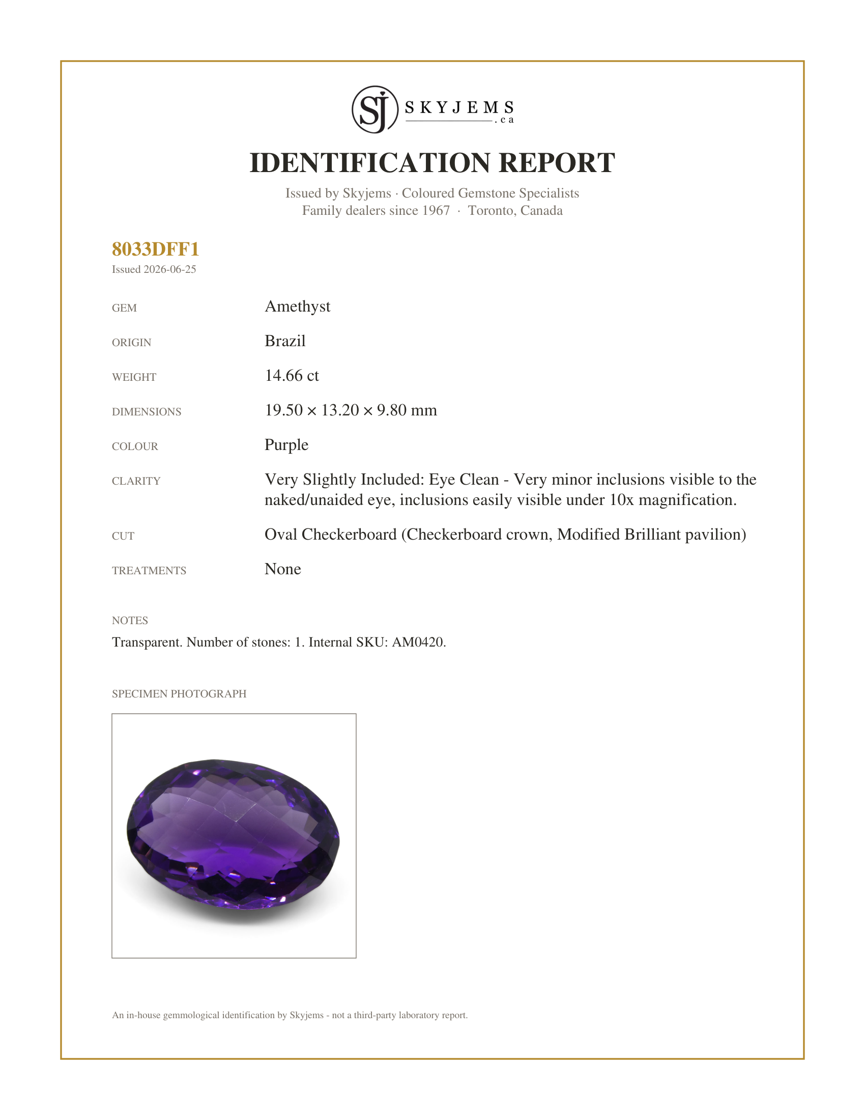 Skyjems Identification Report for AM0420 — 14.66 ct Oval Checkerboard Amethyst