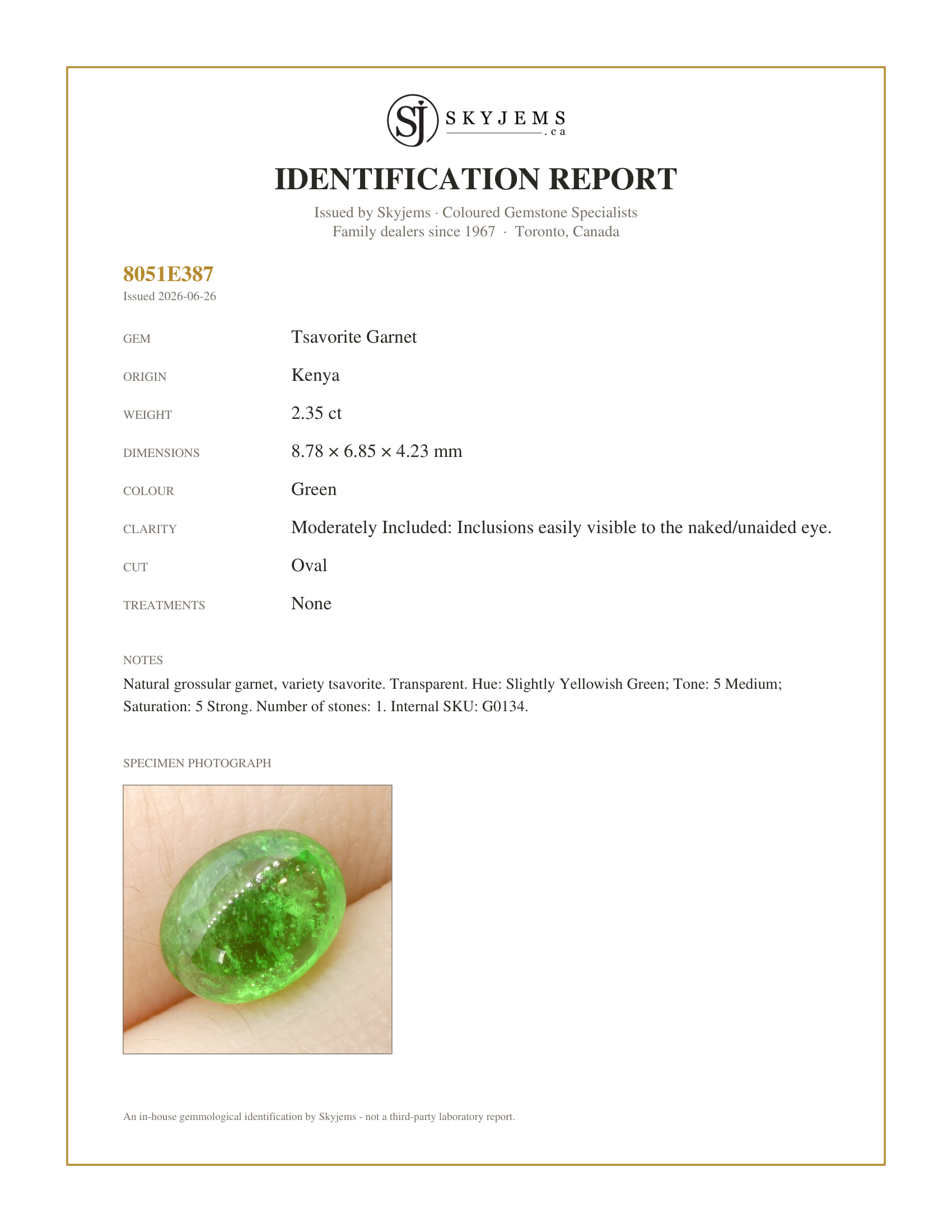 Skyjems Identification Report for G0134 — 2.35ct Oval Cabochon Green Tsavorite Garnet from Kenya, Unheated