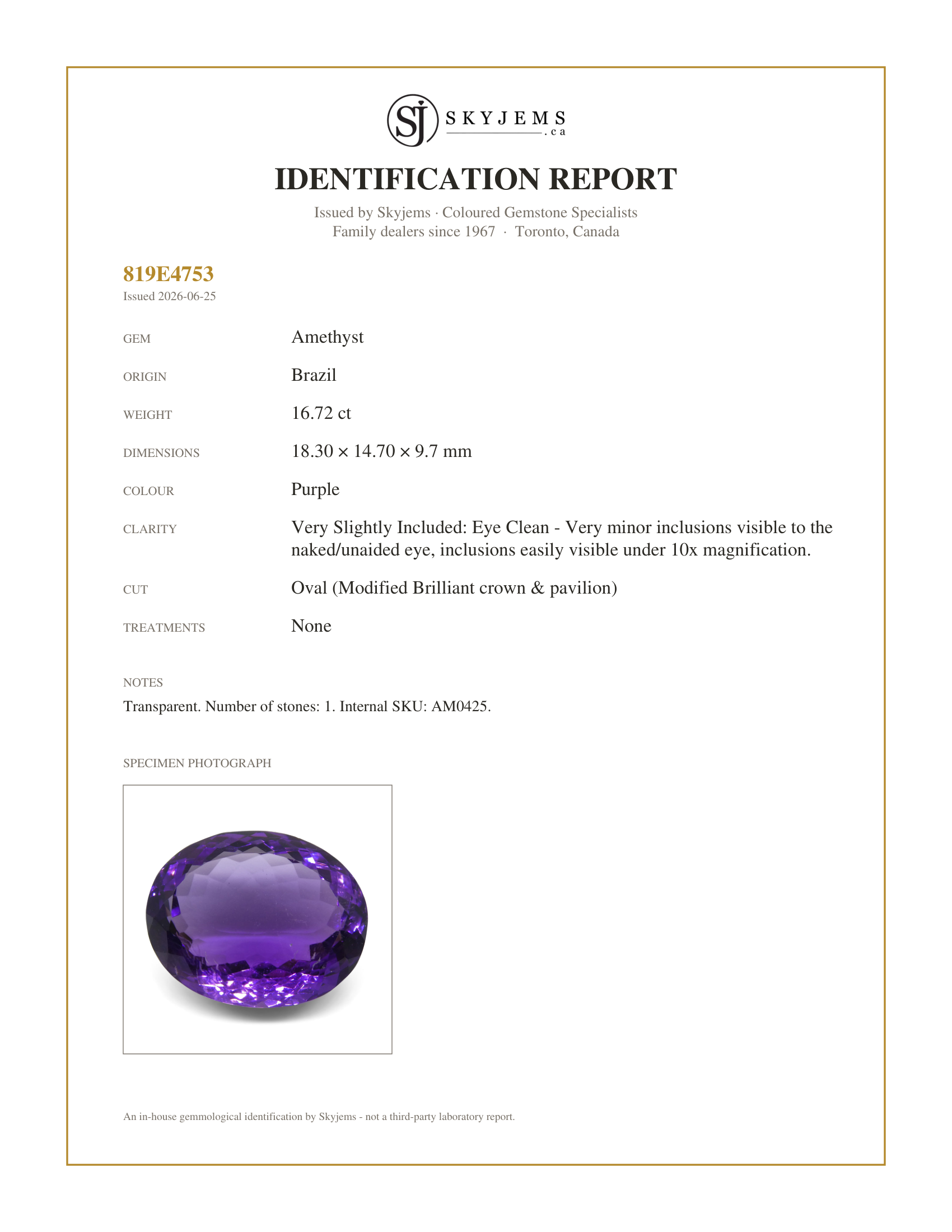 Skyjems Identification Report for AM0425 — 16.72 ct Oval Amethyst