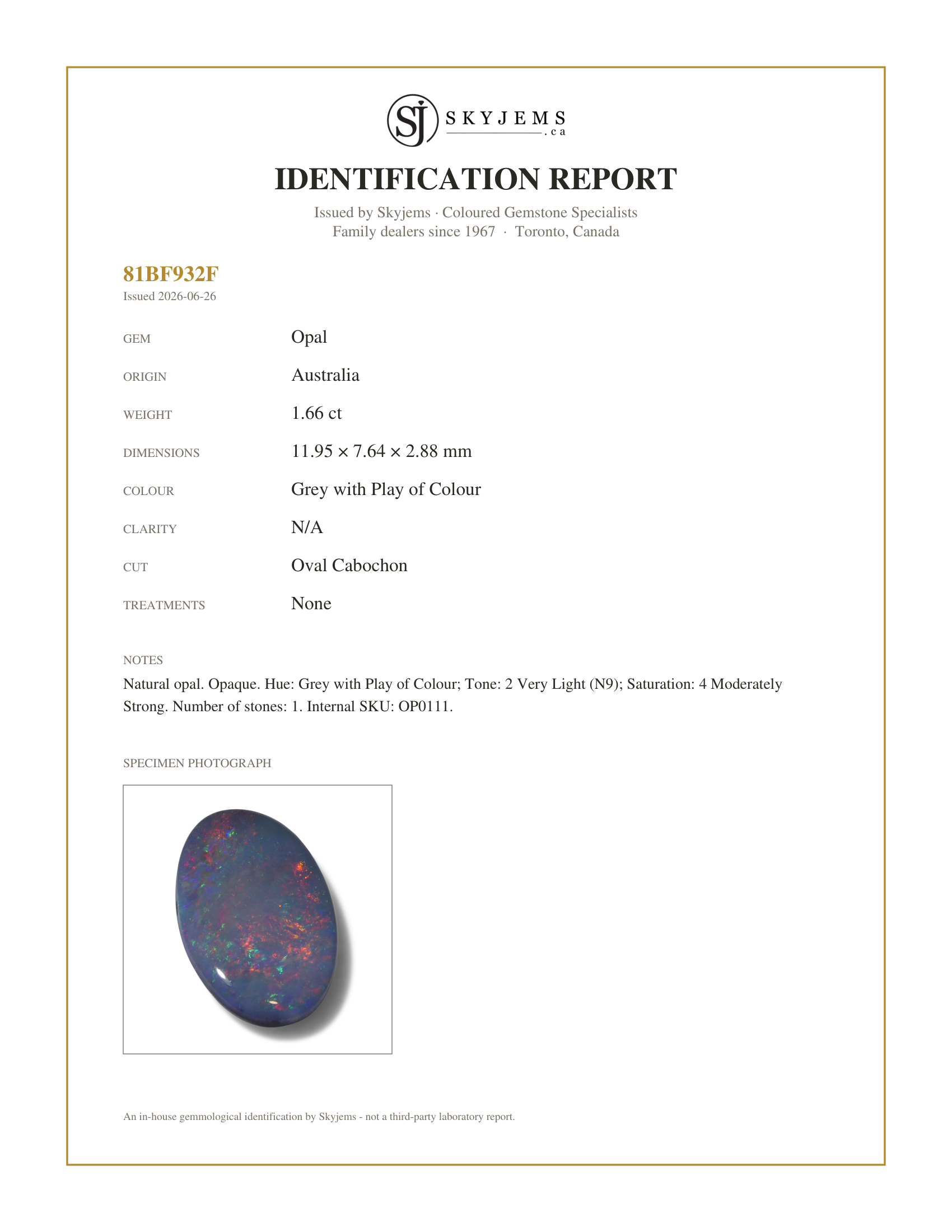 Skyjems Identification Report for OP0111 — 1.66ct Oval Cabochon Grey Opal from Australia