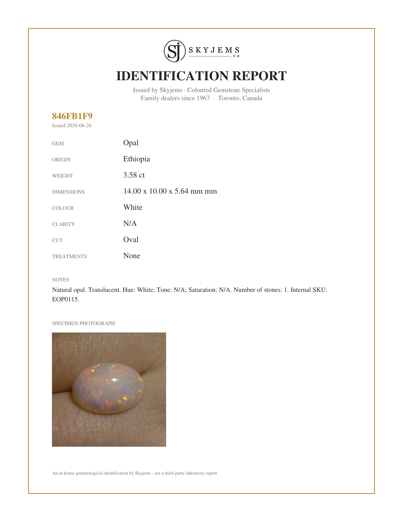 Skyjems Identification Report for EOP0115 — 3.58ct Oval Cabochon White Welo Opal from Ethiopia