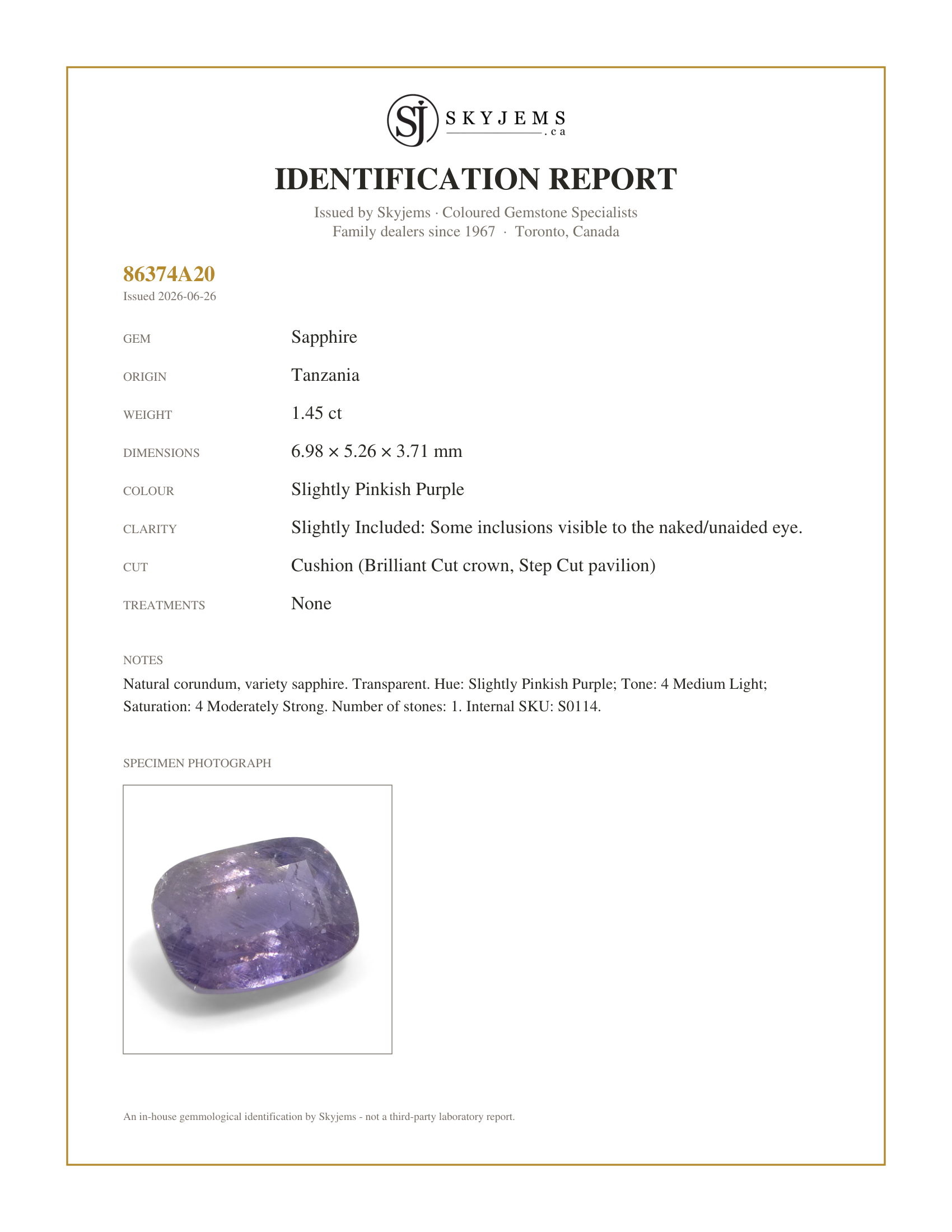 Skyjems Identification Report for S0114 — 1.45ct Cushion Purple Sapphire from Tanzania Unheated