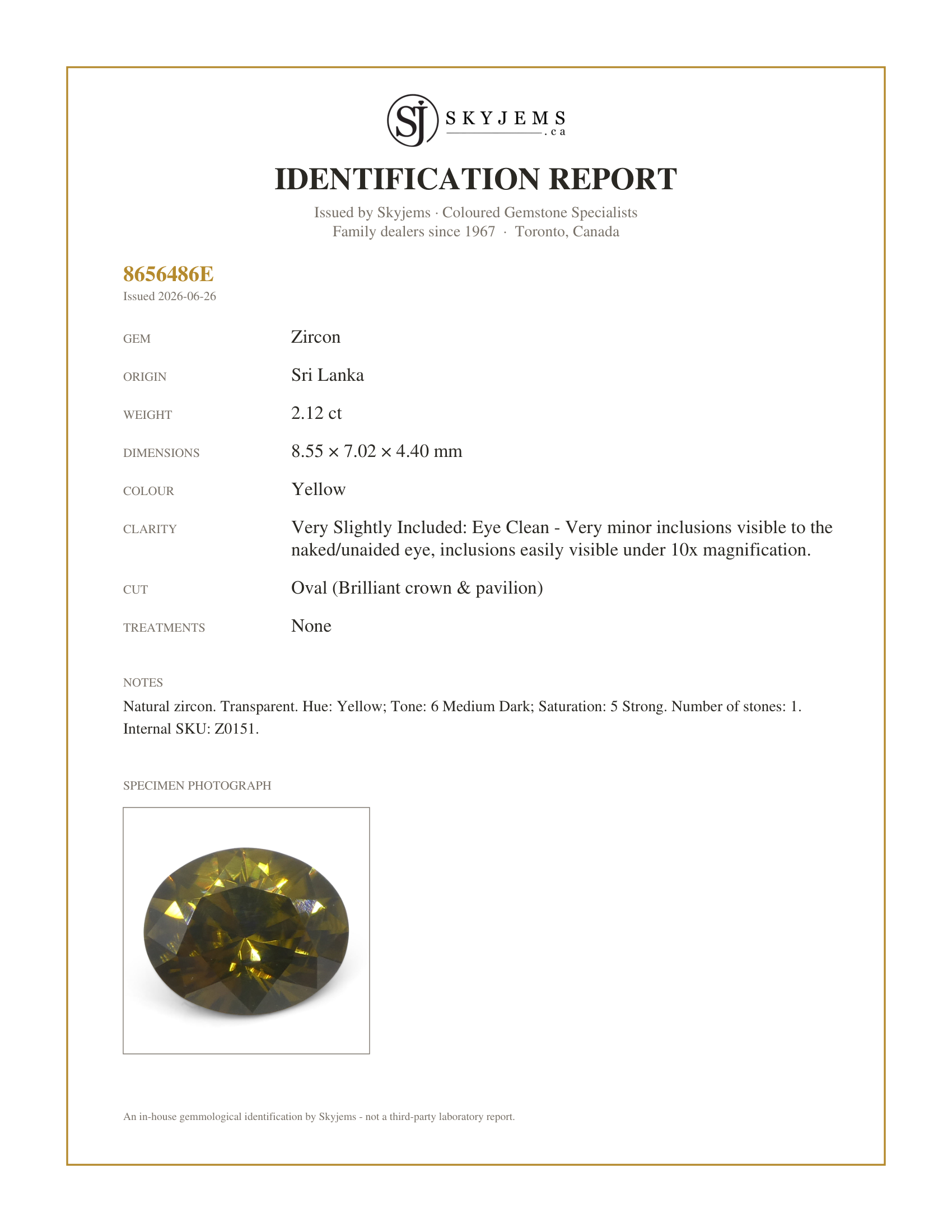 Skyjems Identification Report for Z0151 — 2.12ct Natural Earth Mined Oval Master Brilliant Cut Yellow Zircon from Sri Lanka