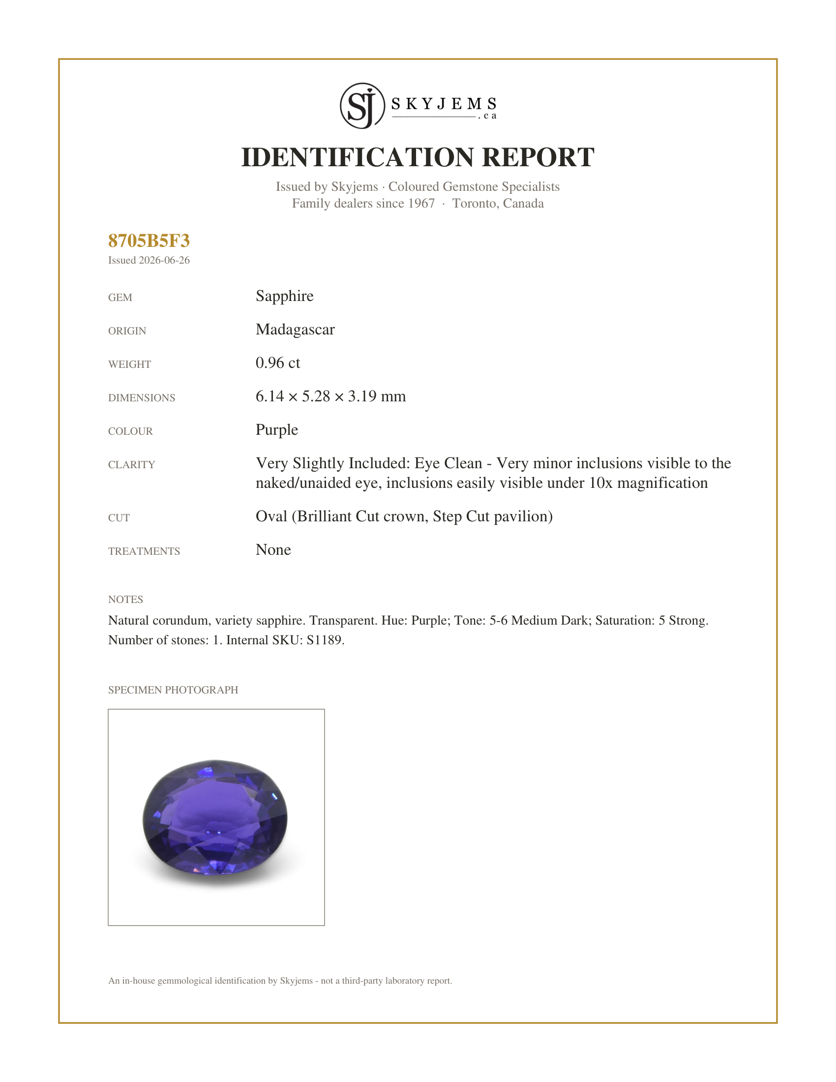 Skyjems Identification Report for S1189 — 0.96ct Oval Purple Sapphire from Madagascar, Unheated