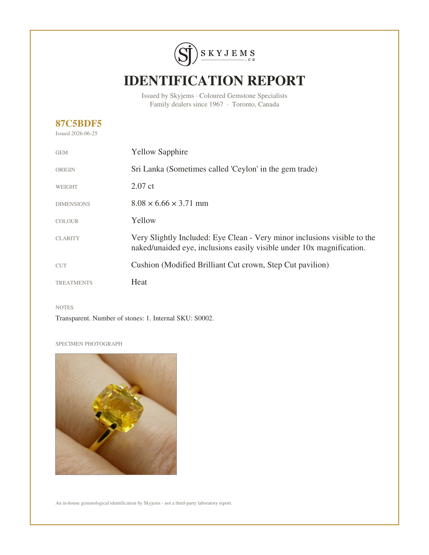 Skyjems Identification Report for S0002 — 2.07 ct Cushion Yellow Sapphire