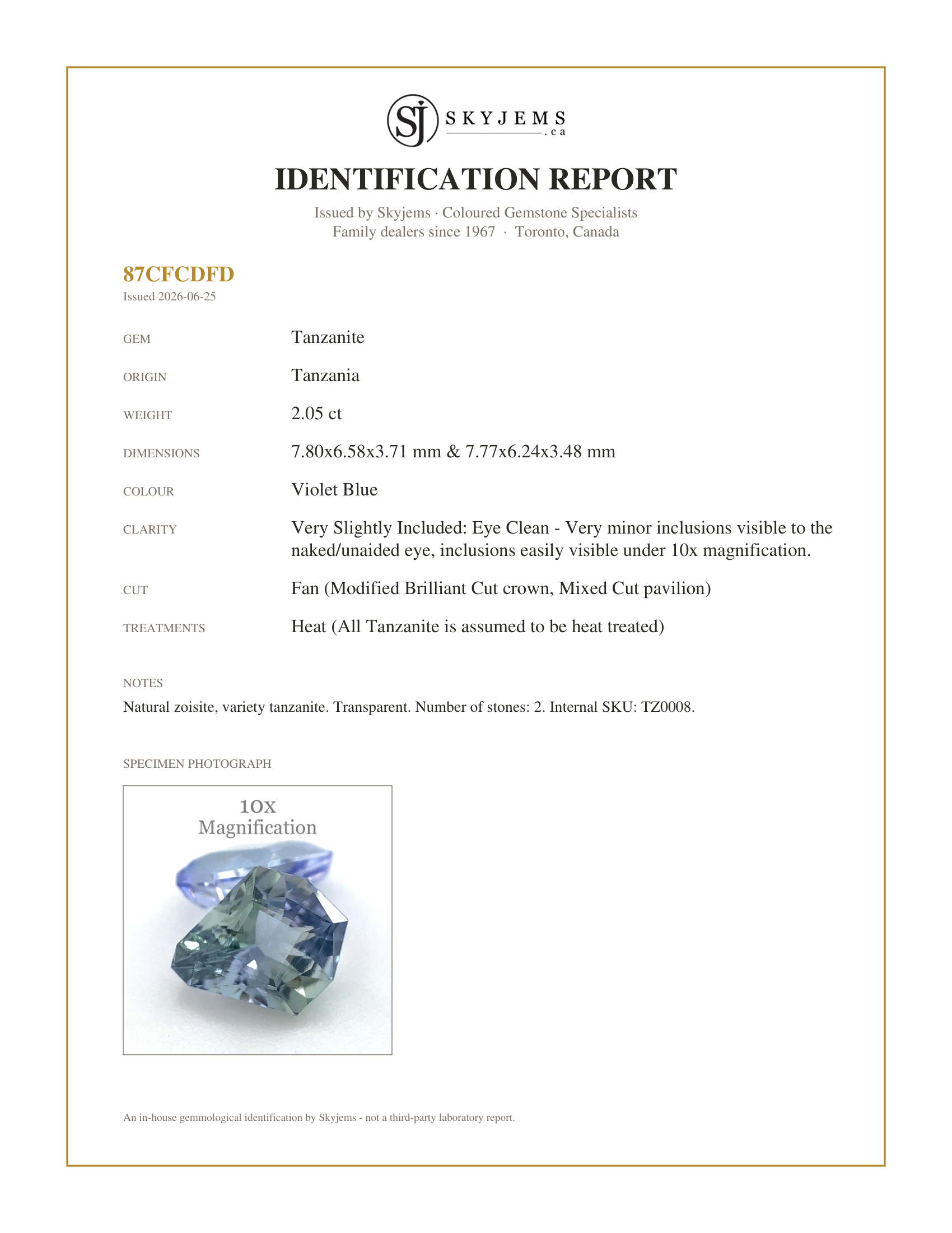 Skyjems Identification Report for TZ0008 — 2.05ct Fan Tanzanite Precision Cut Pair
