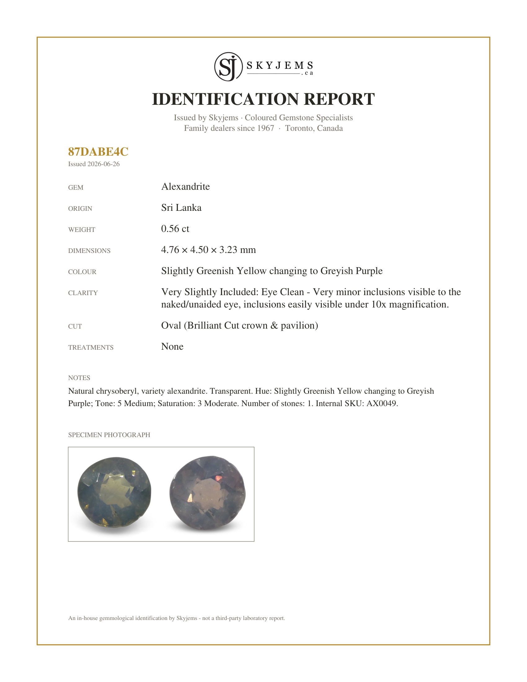 Skyjems Identification Report for AX0049 — 0.56ct Oval Greenish Yellow to Greyish Purple Alexandrite from Sri Lanka, Unheated