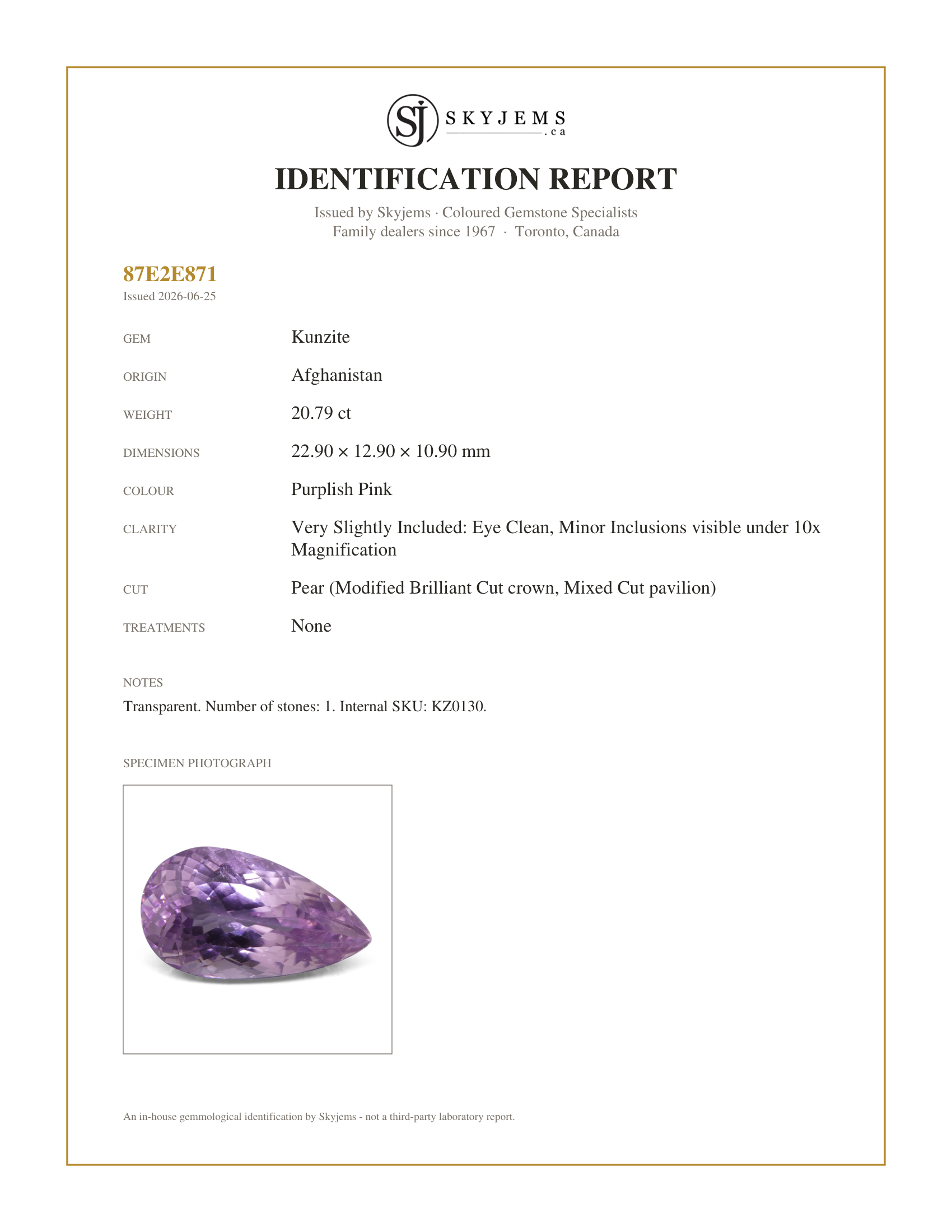 Skyjems Identification Report for KZ0130 — 20.79 ct Pear Kunzite
