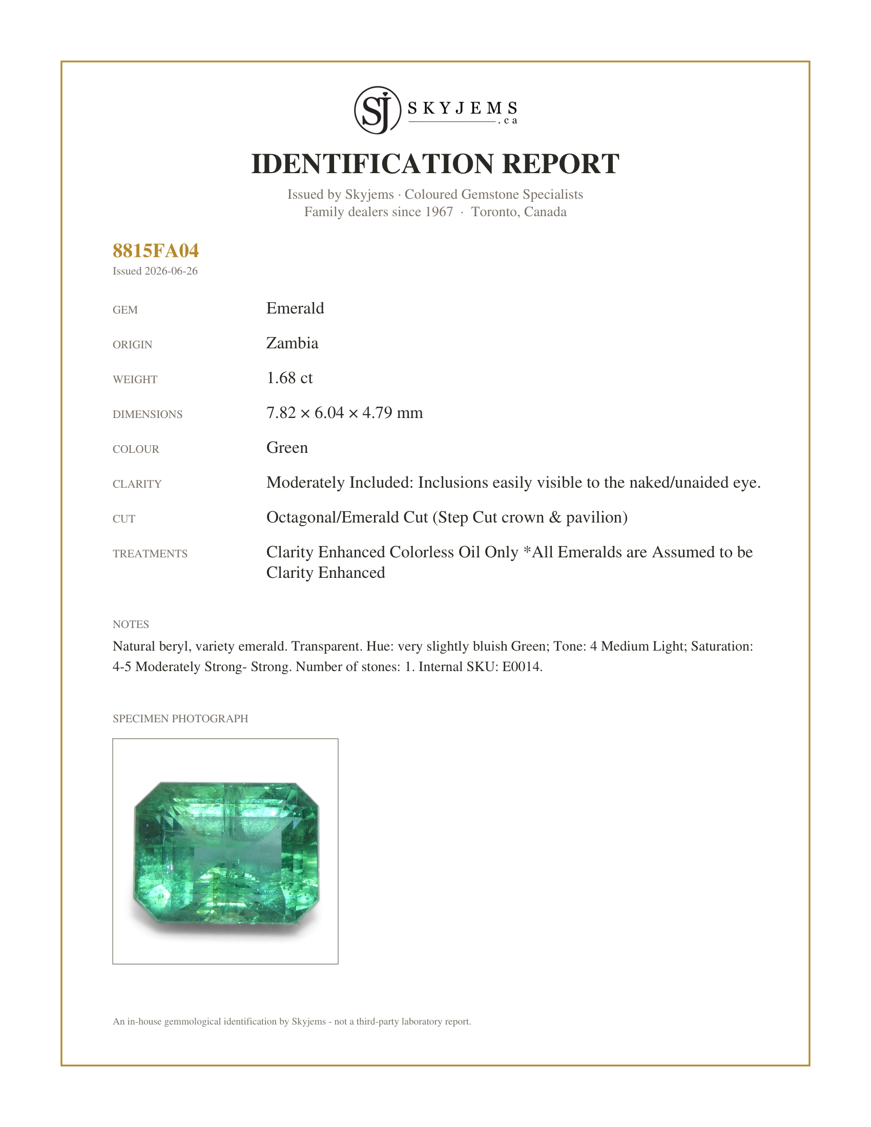 Skyjems Identification Report for E0014 — 1.68ct Octagonal/Emerald Cut Green Emerald from Zambia