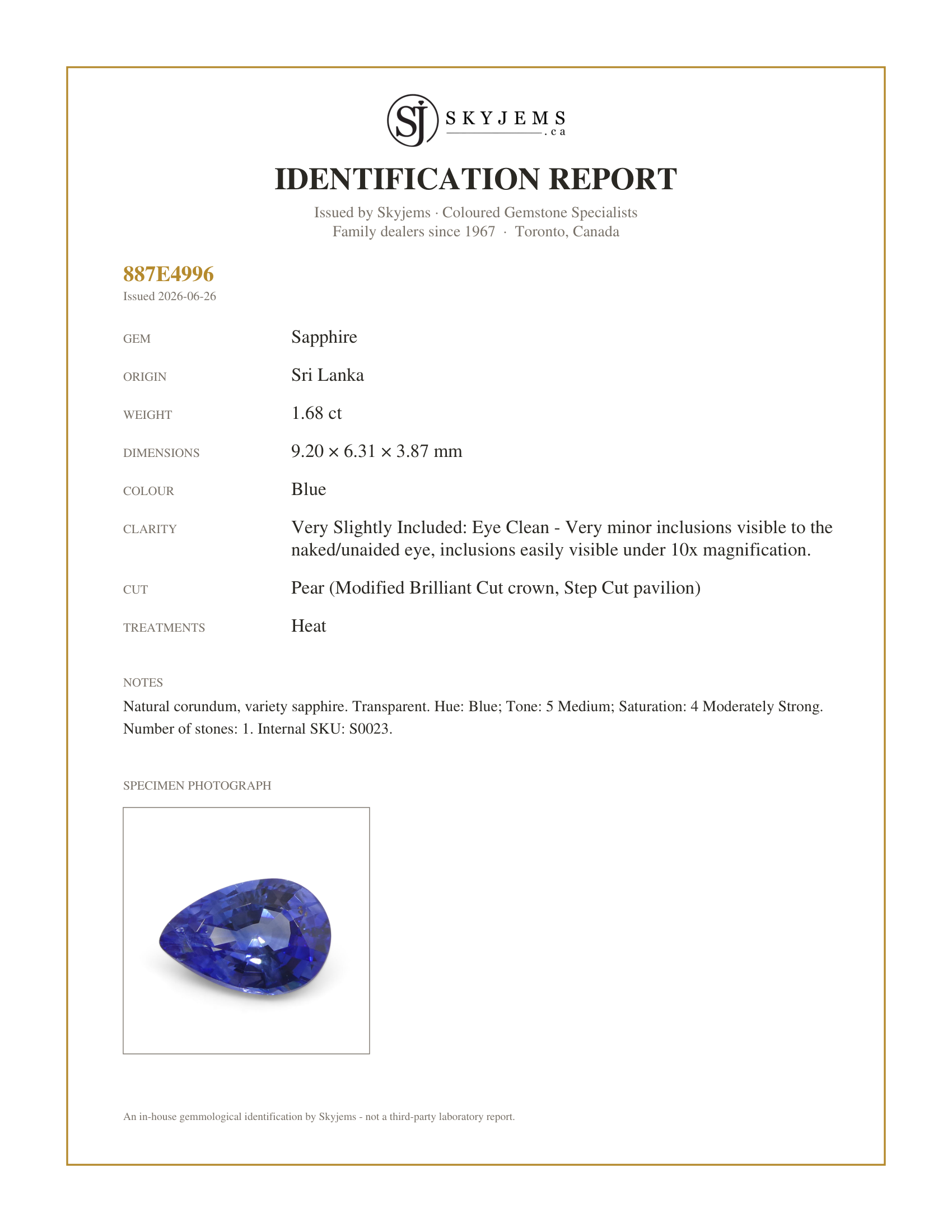 Skyjems Identification Report for S0023 — 1.68ct Pear Blue Sapphire from Sri Lanka