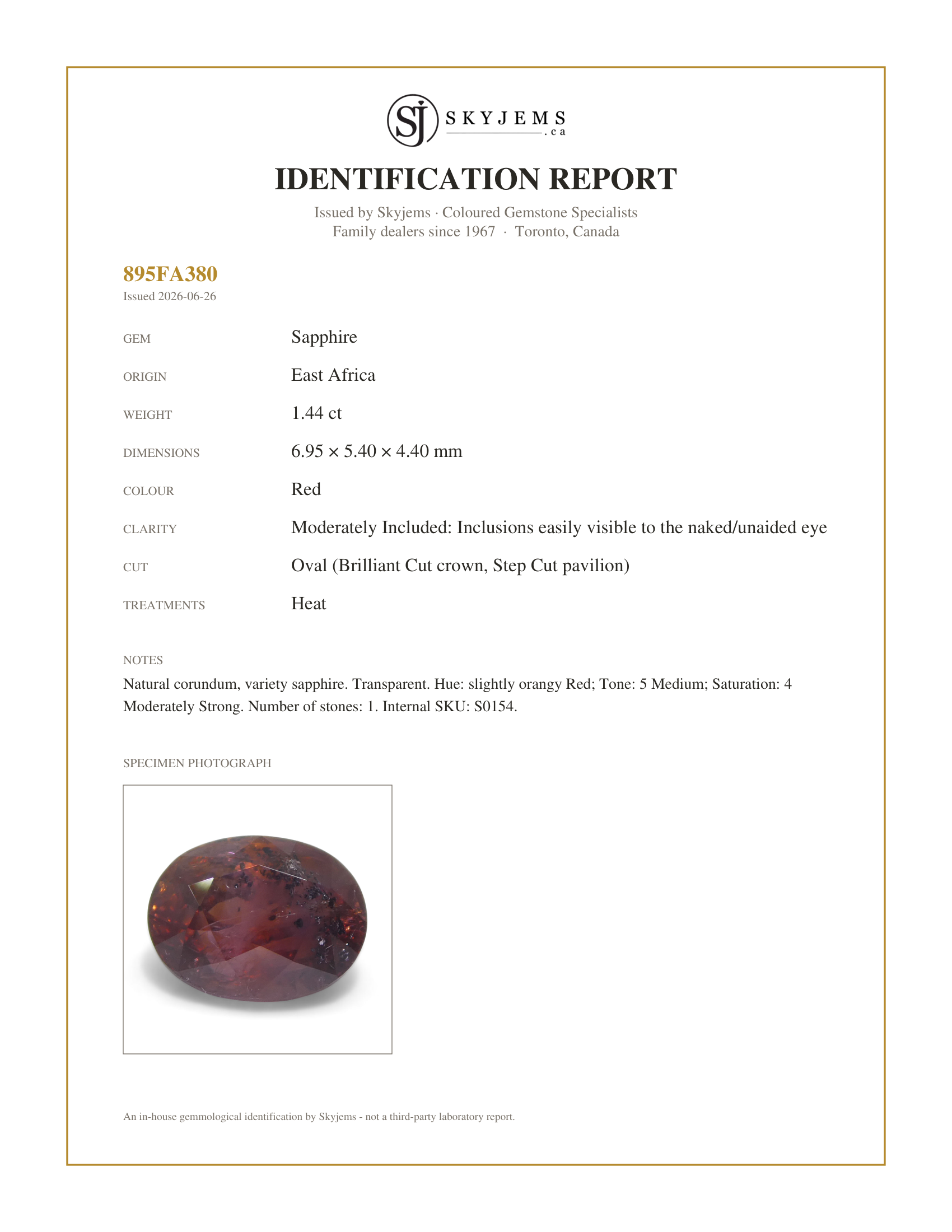 Skyjems Identification Report for S0154 — 1.44ct Oval Red Sapphire from East Africa