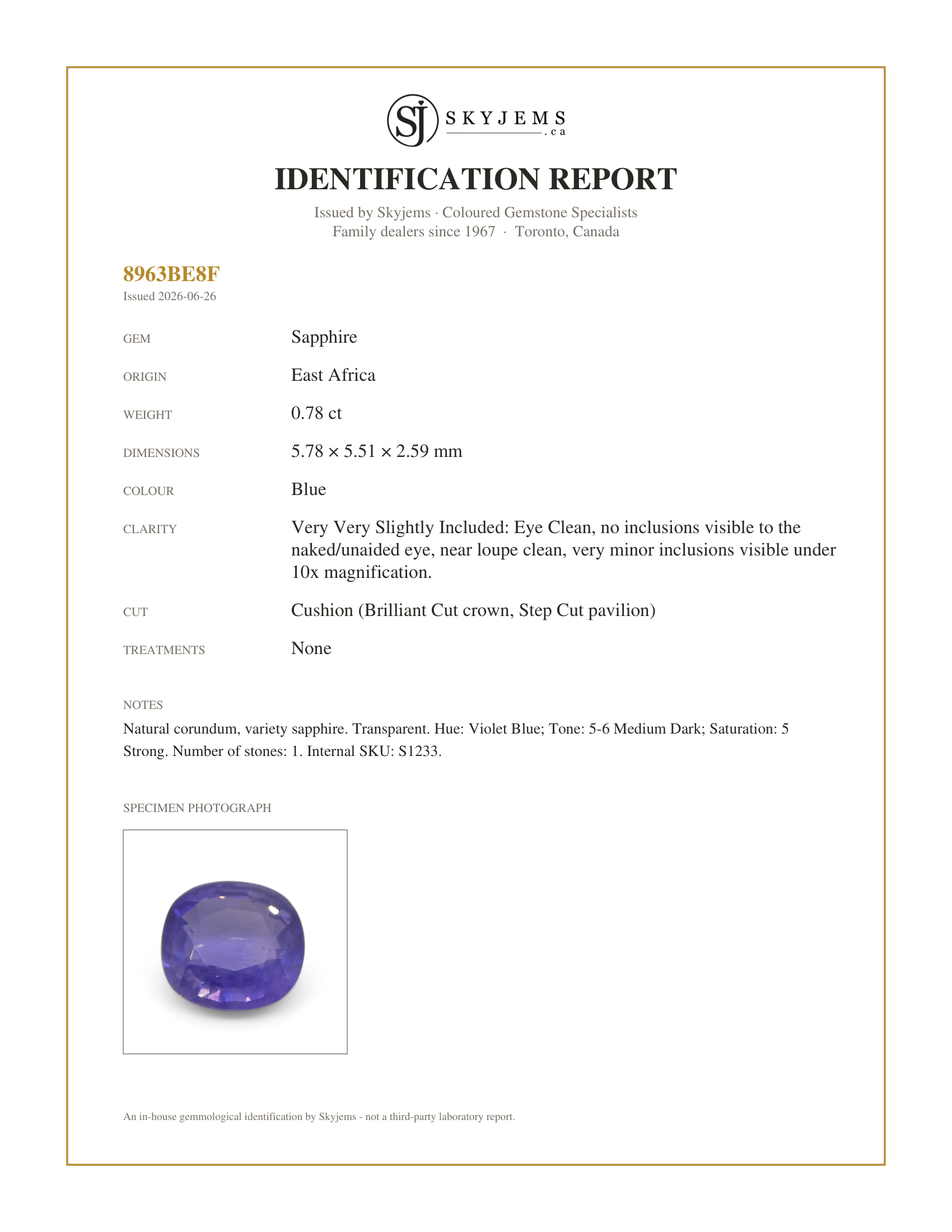 Skyjems Identification Report for S1233 — 0.78ct Cushion Blue Sapphire from East Africa, Unheated