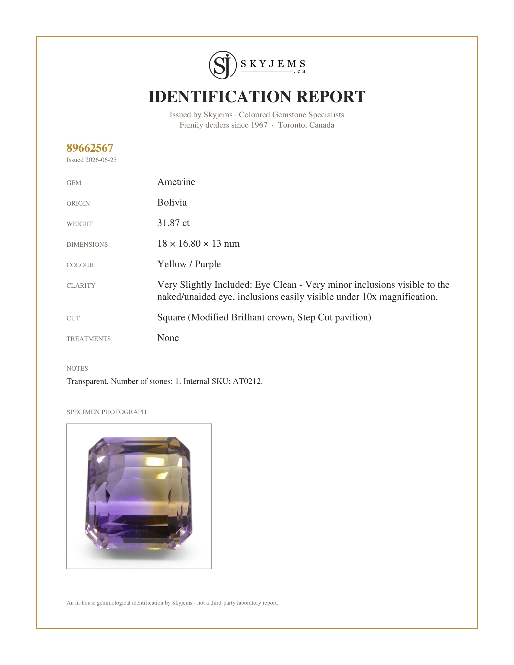 Skyjems Identification Report for AT0212 — 31.87 ct Square Ametrine, 100% Natural Very Rare Single Source Gem from Bolivia