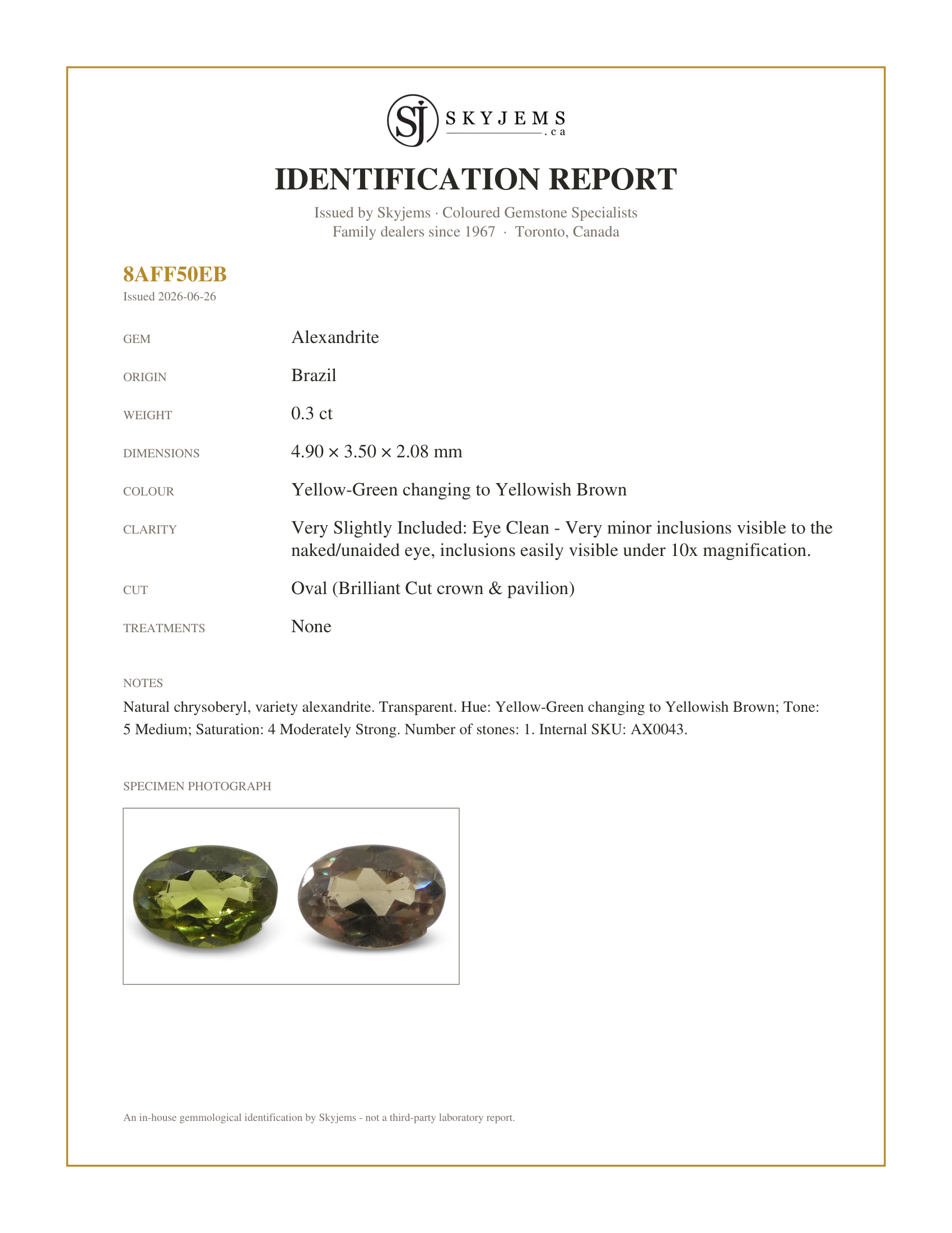 Skyjems Identification Report for AX0043 — 0.3ct Oval Yellow-Green to Yellowish Brown Alexandrite from Brazil, Unheated