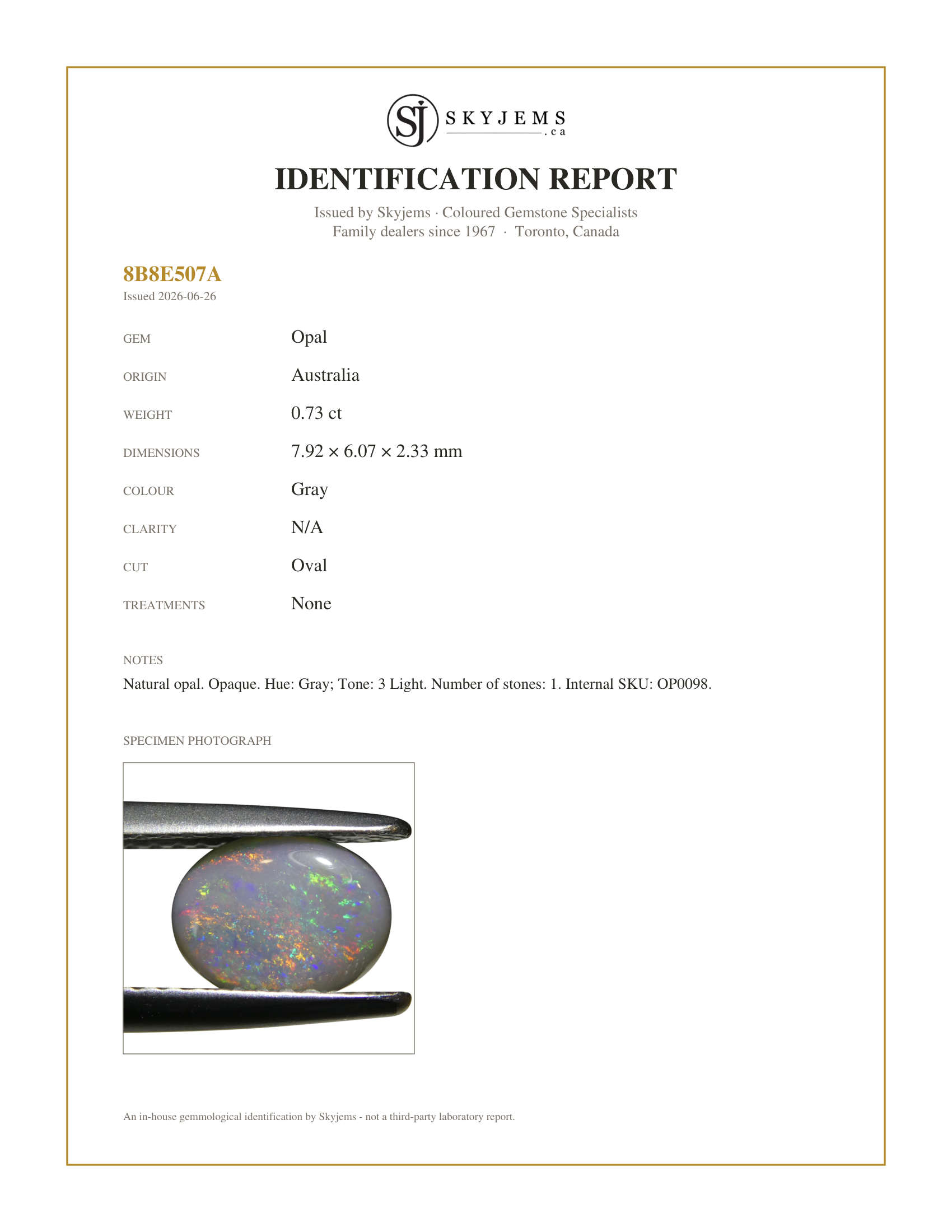 Skyjems Identification Report for OP0098 — 0.73ct Oval Cabochon Gray Opal from Australia