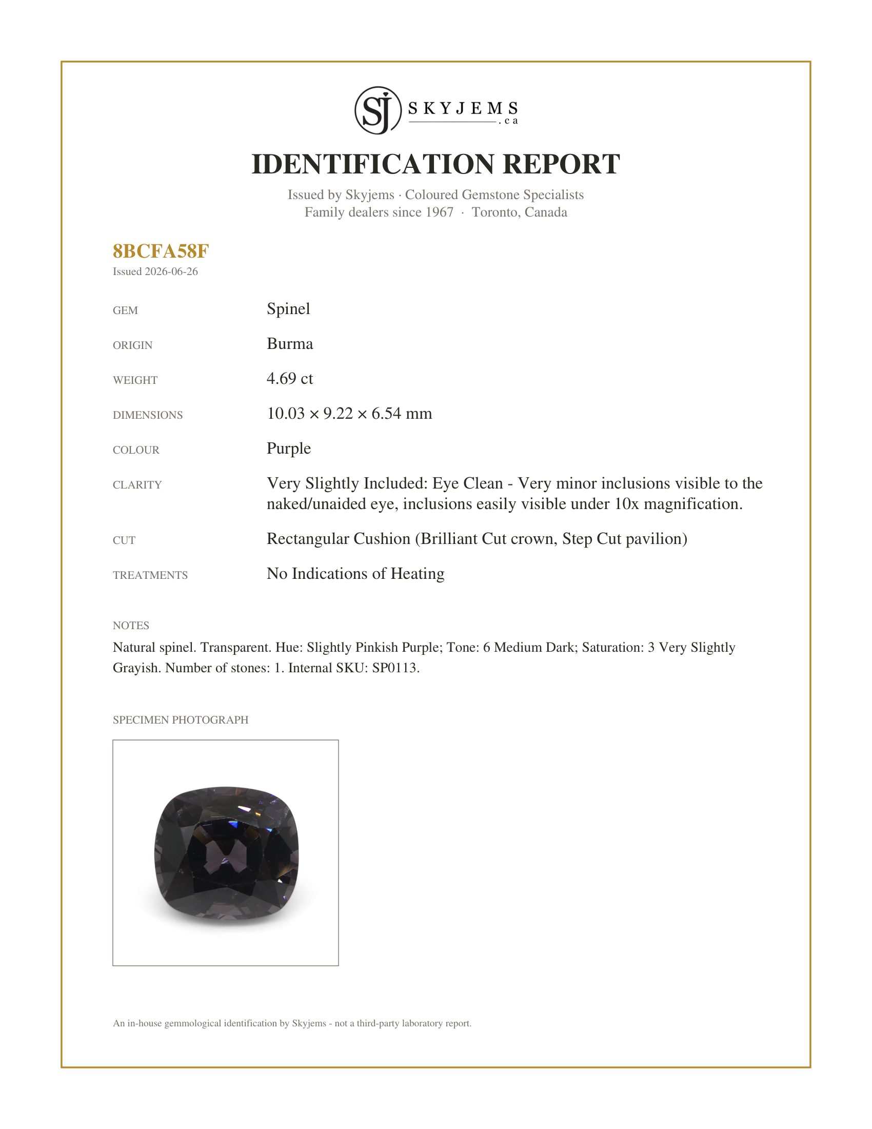 Skyjems Identification Report for SP0113 — 4.69ct Rectangular Cushion Purple Spinel from Burma